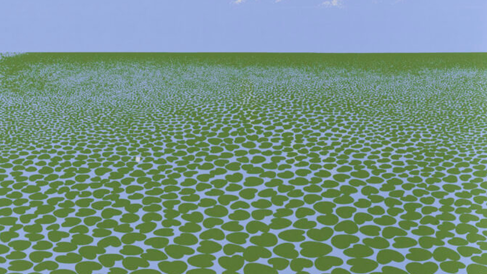 Kuvassa on osa Kimmo Kaivannon teoksesta Kun meri kuolee, jossa on sinisellä pohjalla vihreitä sydämen muotoisia lumpeenlehtiä.  Yläosassa on sinistä taivasta.