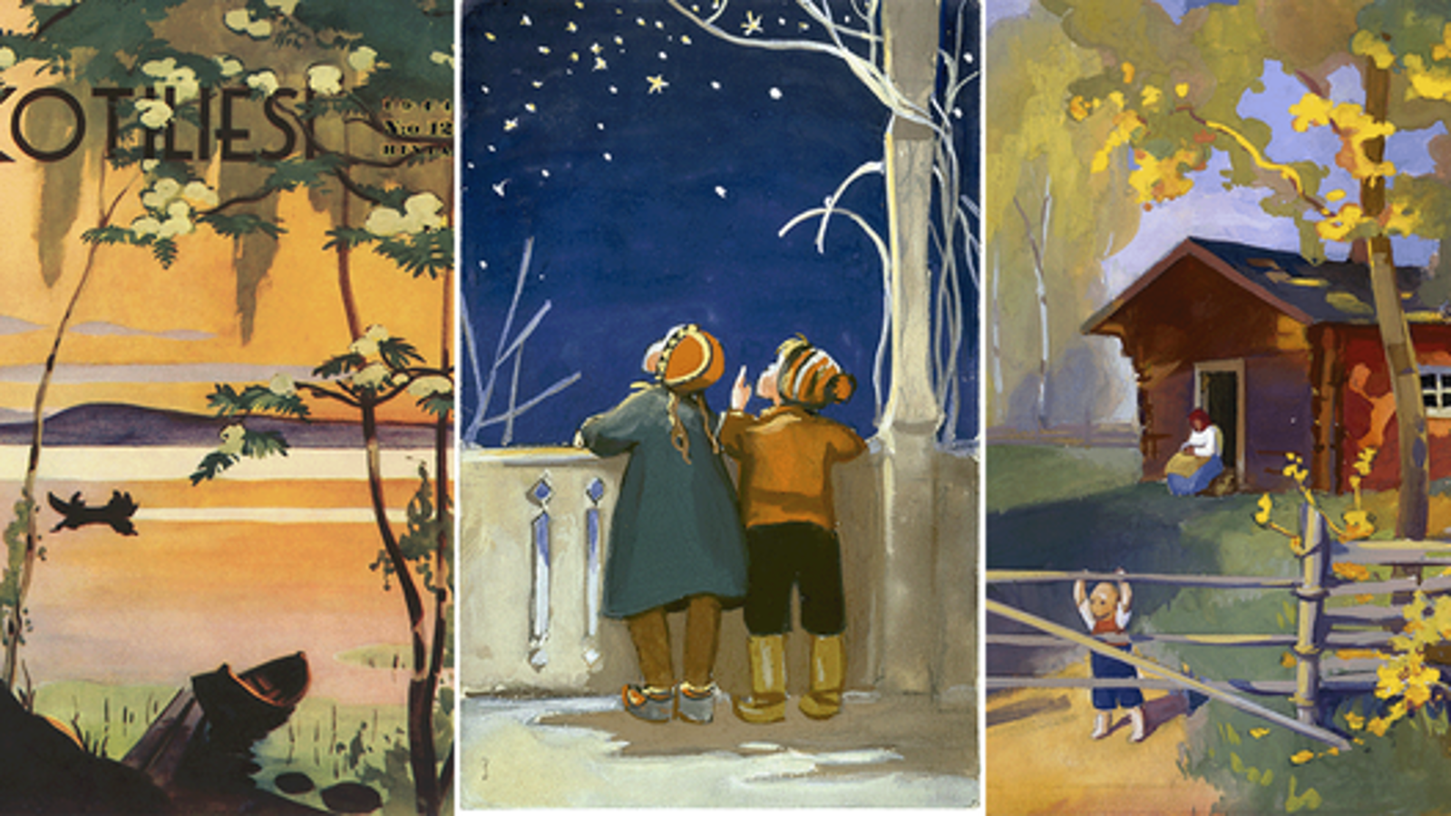 Kuvassa on kolme Martta Wendelinin kuvaa, joista vasemmalla on ruskehtava kesämaisema kotilieden kannessa, keskellä tyttö ja poika katsomassa selin tähtitaivasta ja oikealla on kesämaisemassa hirsimökki ja aita, jonka edessä on lapsi.