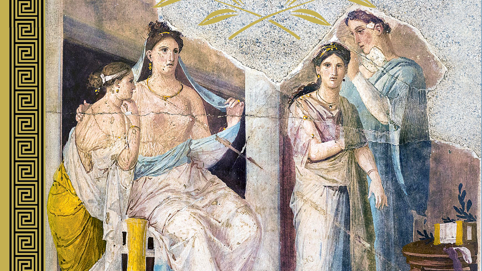 Kuvassa on osa kirjan kannesta ja siinä on vasemmalla kelta-musta ornamentti. Kuvassa on maalaus, jossa on vasemmalla nainen ja tytär istumassa kreikkalainen vaalean kangas vaatteena alavartalossa. Vieressä seisoo kaksi naista vaalean sinisessä vaatteessa. Taustalla on kivirakennuksen sisäosaa.