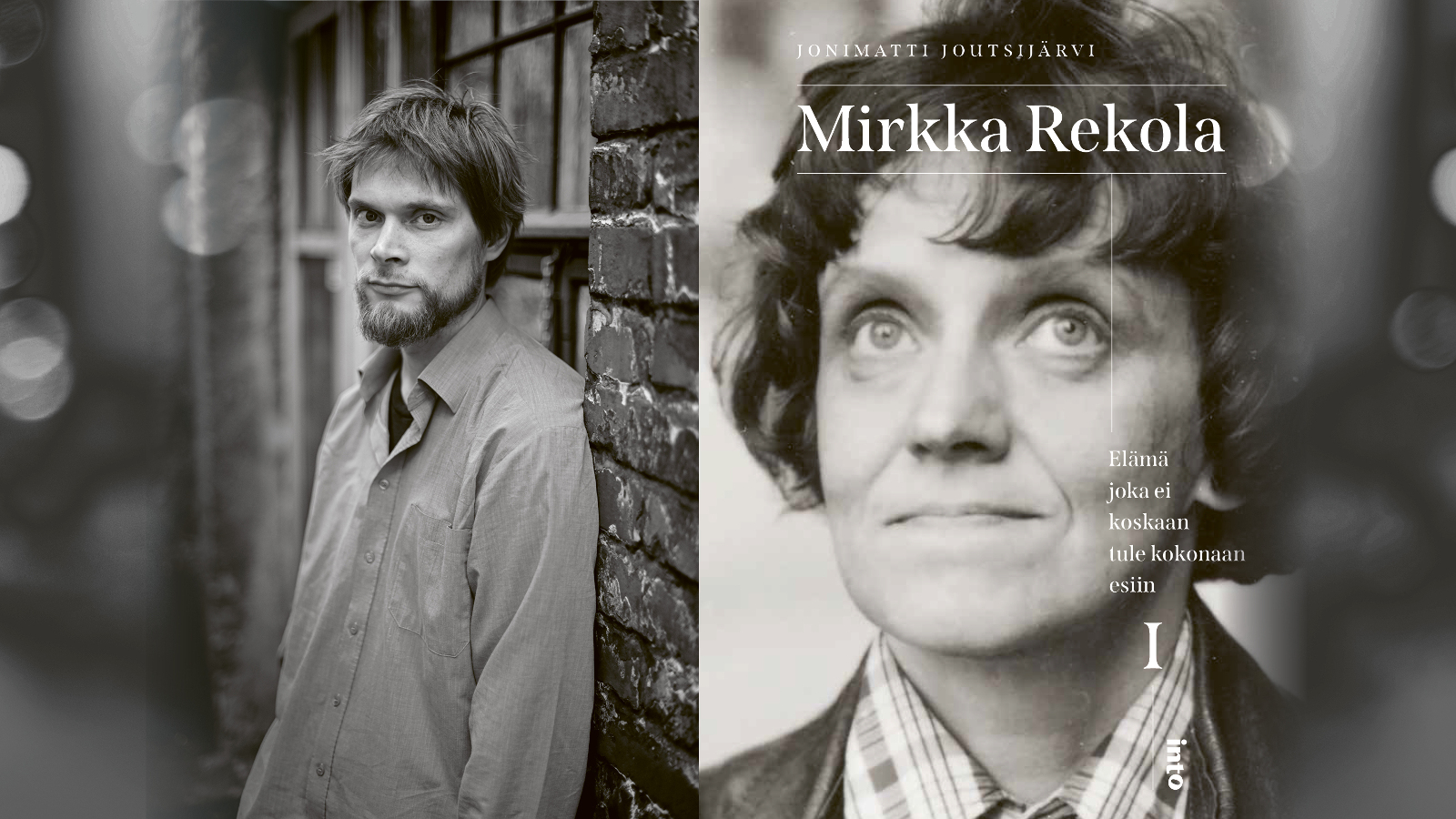 Kuvassa on vasemmalla Toni Joutsijärvi toisessa osassa kuvaa ja hän seisoo tiiliseinää vasten. Hänellä on kauluspaita päällään. Oikealla on kirjan kansi, jossa on Mirkka Rekolan kasvot ja nimi isolla sekä pienellä kirjan nimi. Kuva on musta-valkoinen.