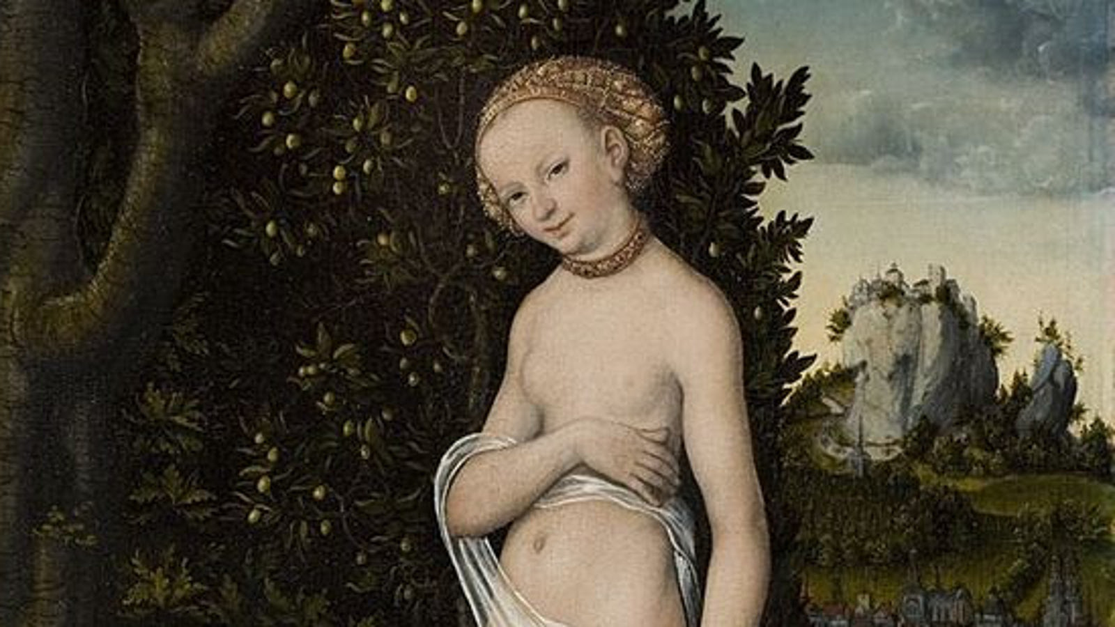 Kuvassa näkyy alastoman Venuksen kasvot ja taustalla on tumma lehtipuu, jossa on valkoisia kukkia.  Kauempana taustalla on kapealla kalliolla linna. 