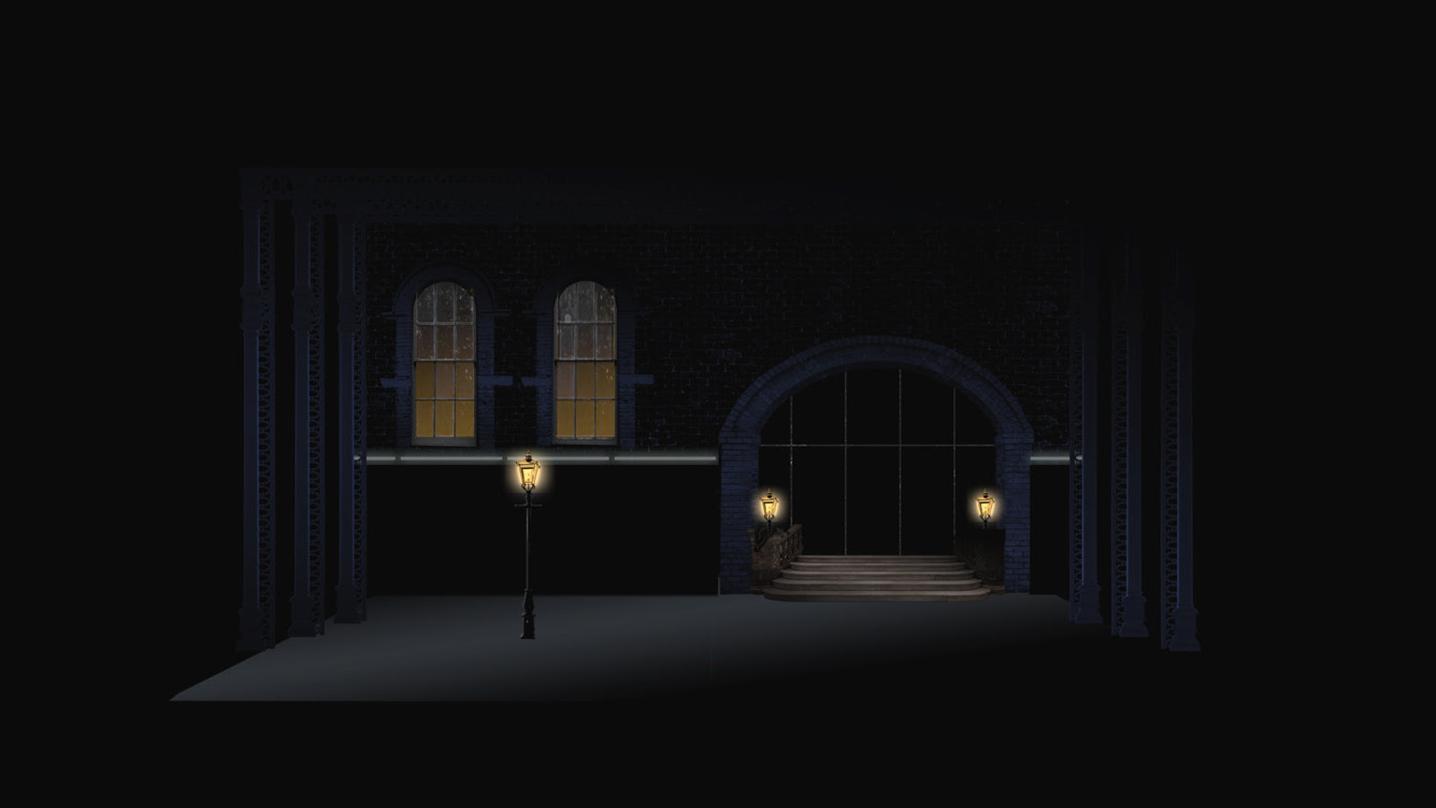 Kuvassa on pimeä katukuva, jossa on talon seinää ja kaksi ikkunaa, josta tulee valoa sekä tunnelimainen käytävä.  Siitä tulee myös valoa.