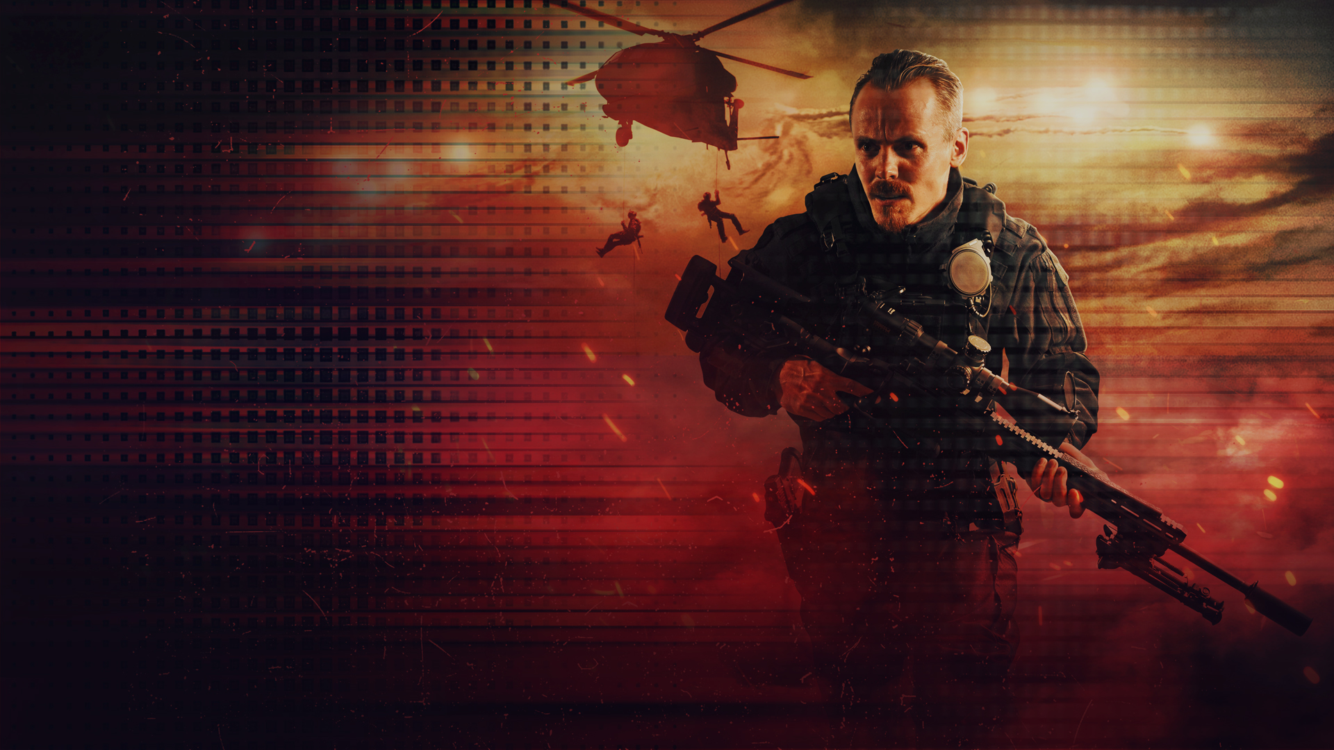 Kuvassa on Jasper Pääkkönen ase kädessä ja militaristisessa asussa.  Kuvan sävy on puna-musta. Taustalla näkyy helikopteri.