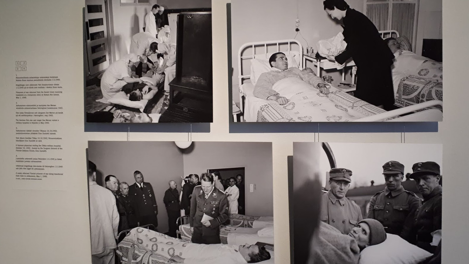 Kuva sodassa haavoittuneista sairaalassa Hakasalmen huvilan näyttelyssä Mieliala - Helsinki 1939-1945.