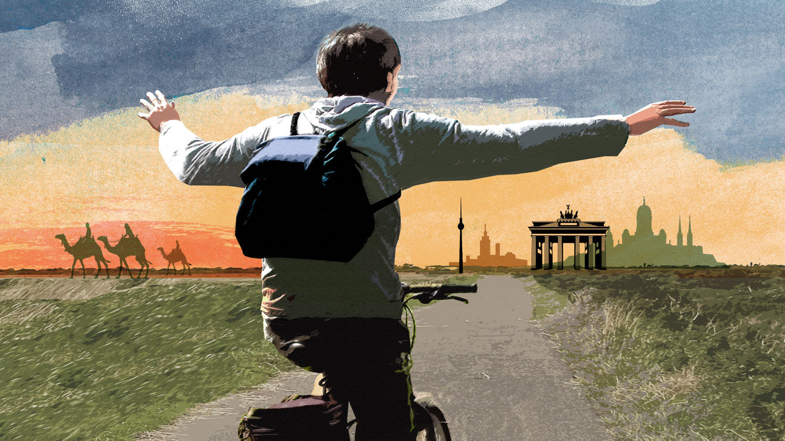 Kuvassa on osa Kjell Westön kirjan Rikinkeltainen taivas kannesta. Kuvassa on pyöräilevä poika takaapäin.