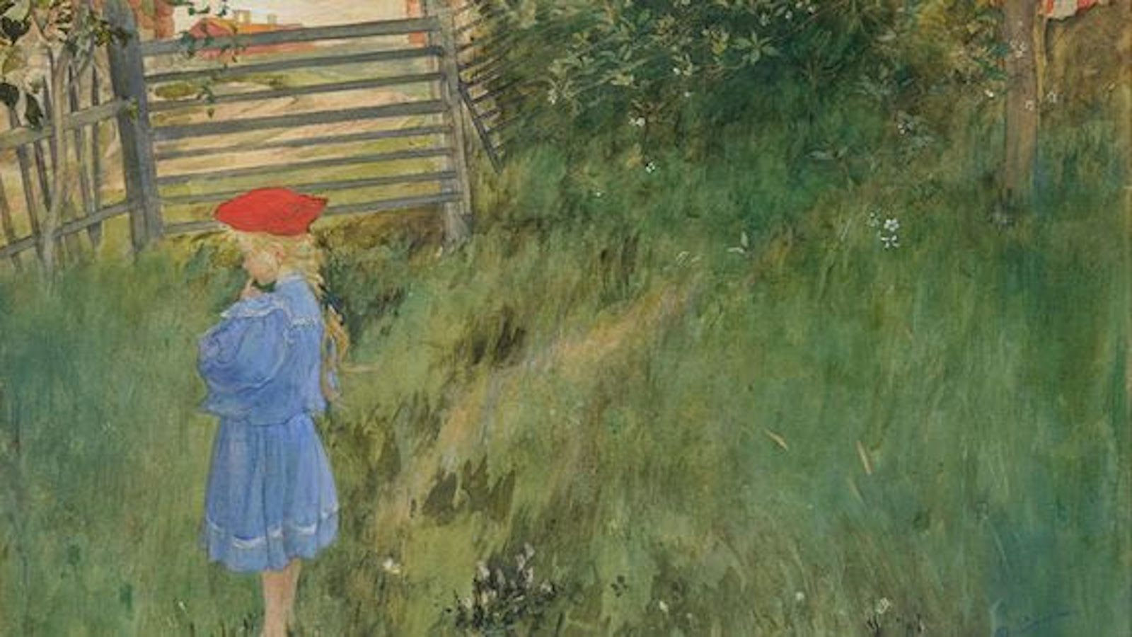 Kuvassa on pikkutyttö selin kuvan vasemmalla reunalla ja katselee nurmikolla olevia kukkia.  Takana on aitaa ja pensaita.  Maalaus on kesäkuva.