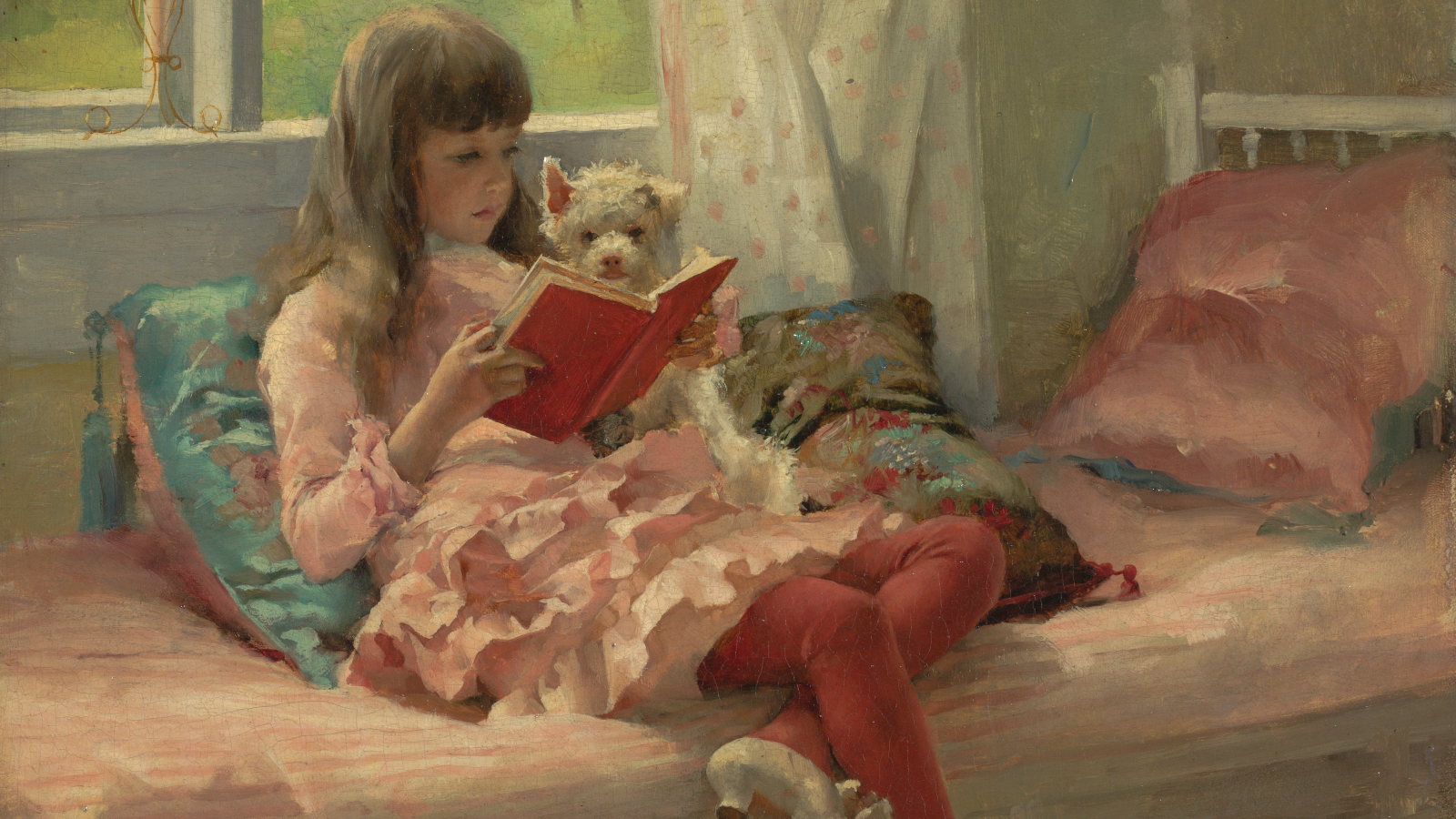 Kuvassa on Berta löhöämässä sohvalla ja lukemassa kirjaa vieressään koira Capi.  Takana on ikkuna, josta näkyy maisema.