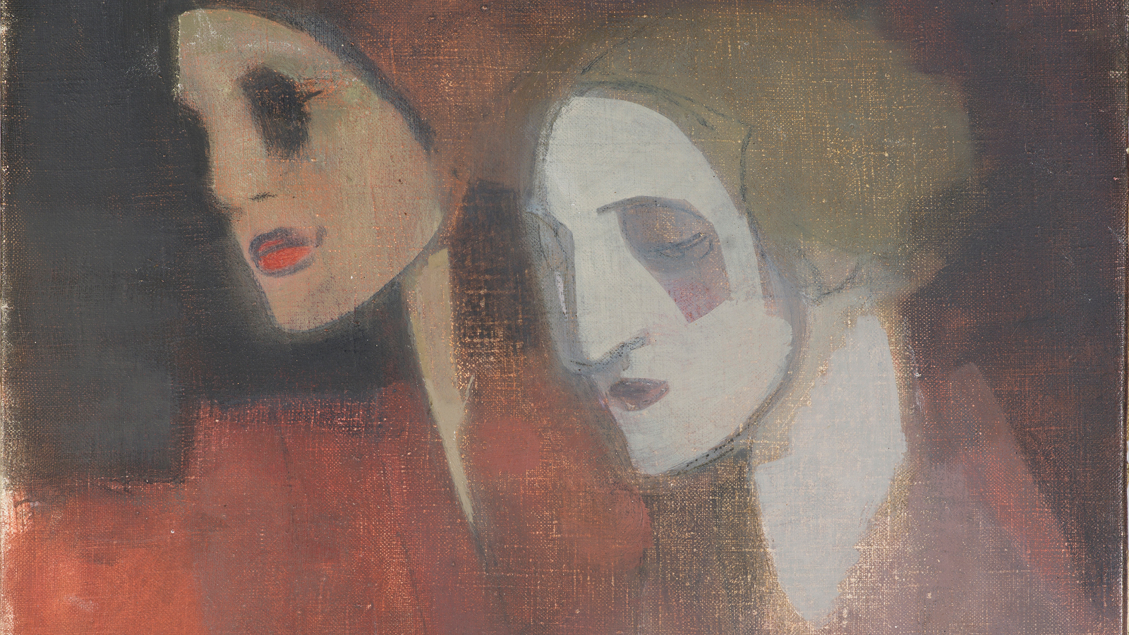 Kuvassa on Helene Schjerfbeckin taulu, jossa on kahden naisen kasvot vinottain.  Kuvan sävy on ruskea.