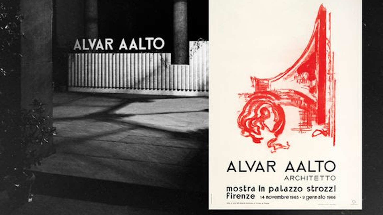 Kuvassa on musta-valkoisena Alvar Aallon nimi museon seinässä Firenzessä ja kuvan päällä on Aallon retrospektiivisen näyttelyn juliste.  Kuvassa on vaalealla pohjalla punainen kuvio.