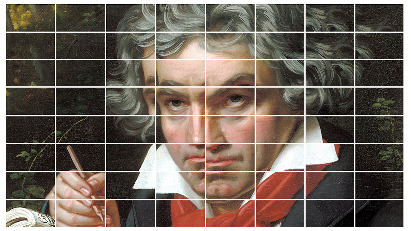 Kuvassa on Beethovenin kasvokuva maalauksena, joka on tehty kollaasina.