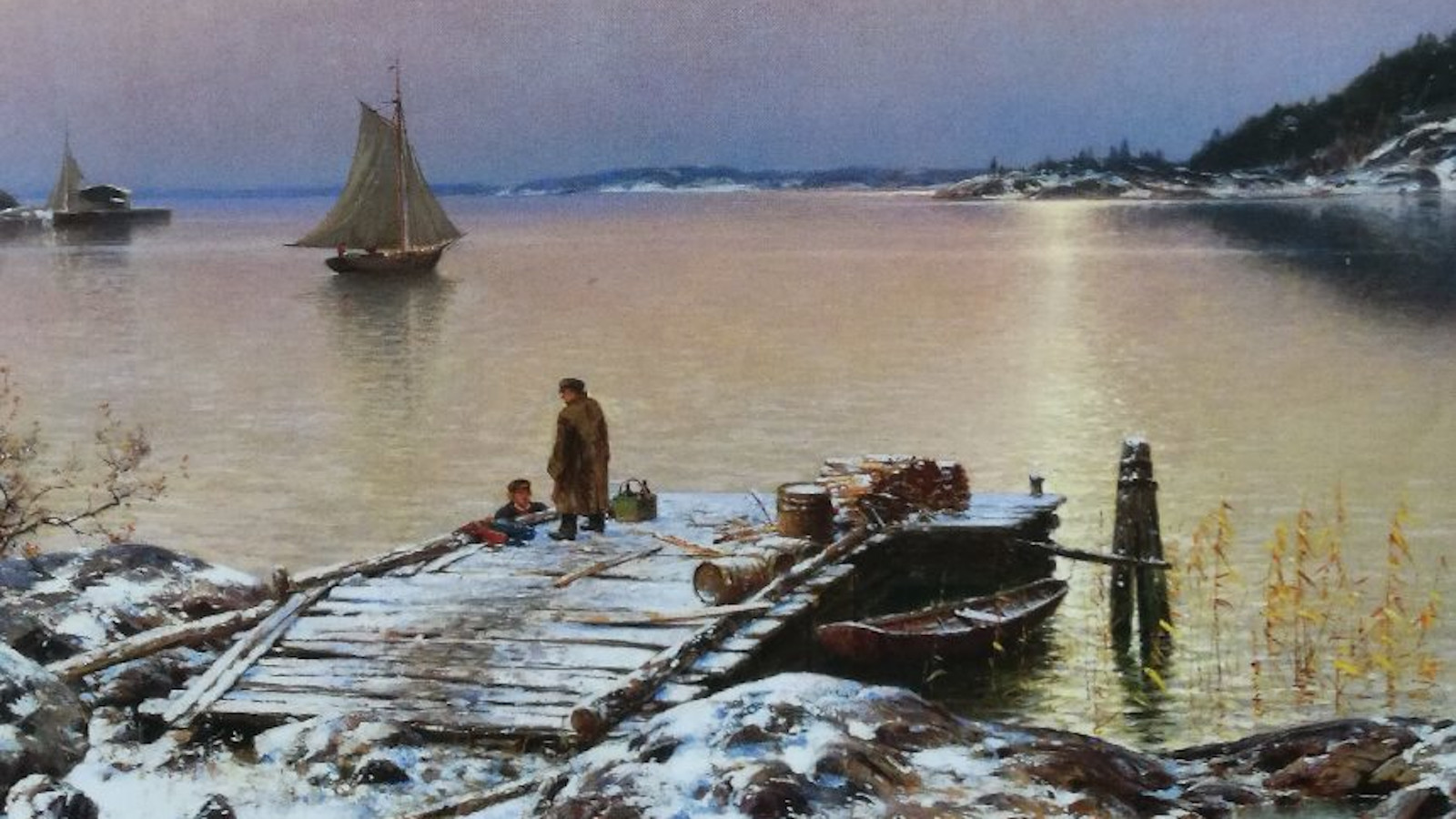 Kuvassa on osa Hjalmar Munsterhjelmin kirjan kannesta ja siinä on rantakuva, jossa on hiukan luminen laituri ja pari miestä.