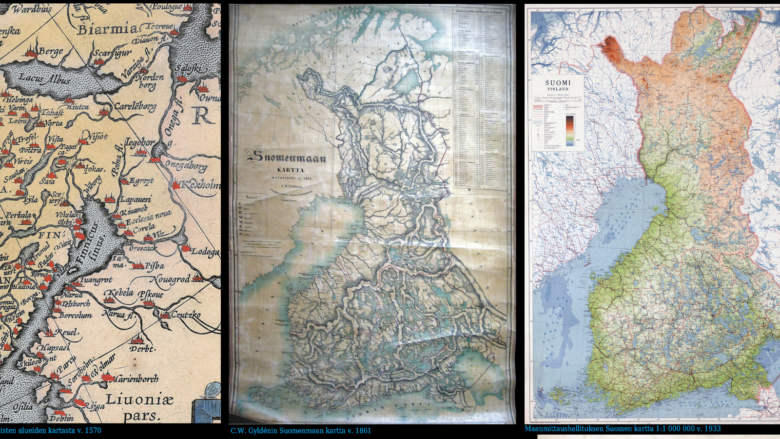 Kuvassa on Suomen karttoja eri aikakausilta.