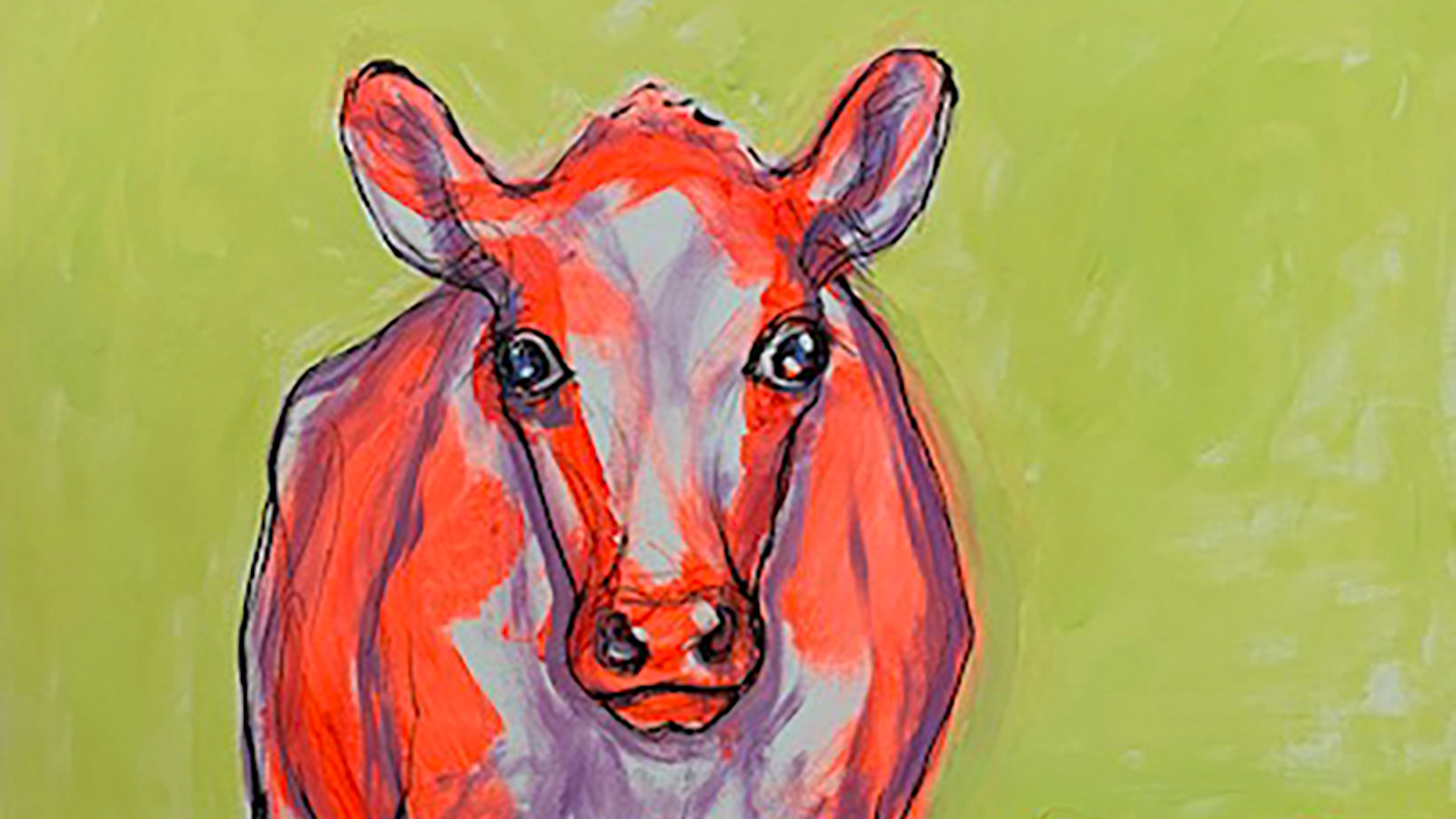 Kuvassa on lehmän pää ja se, mitä näkyy lehmästä on vaalean ruskeaa. Tausta on limen vihreä.