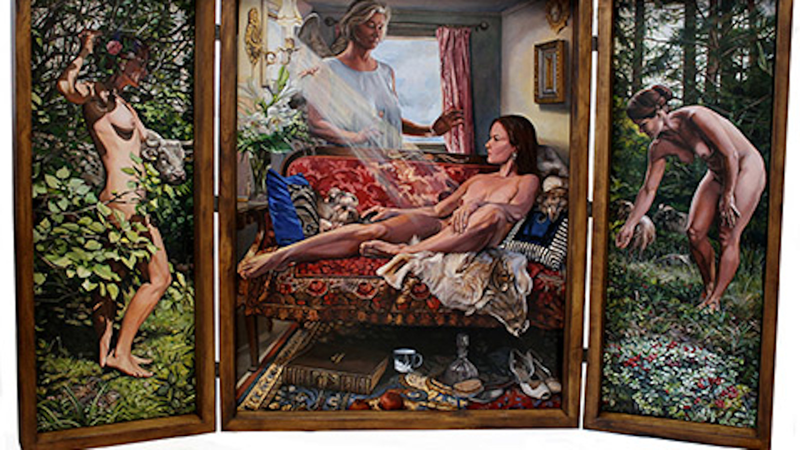 Kuvassa on Anna-Liisa Kankaanmäen triptyykkinäinen teos Vauvakuume, josa on kolme osaa. Osissa on alastomia naishahmoja ja tyyliltään barokkia muistuttavaa tyyliä. 