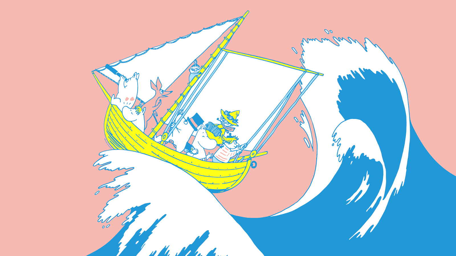 Kuvassa on vaalean oranssisella pohjalla vaalean sininen aalto, jossa on purjevene Muumilaakson asukkaiden kanssa.