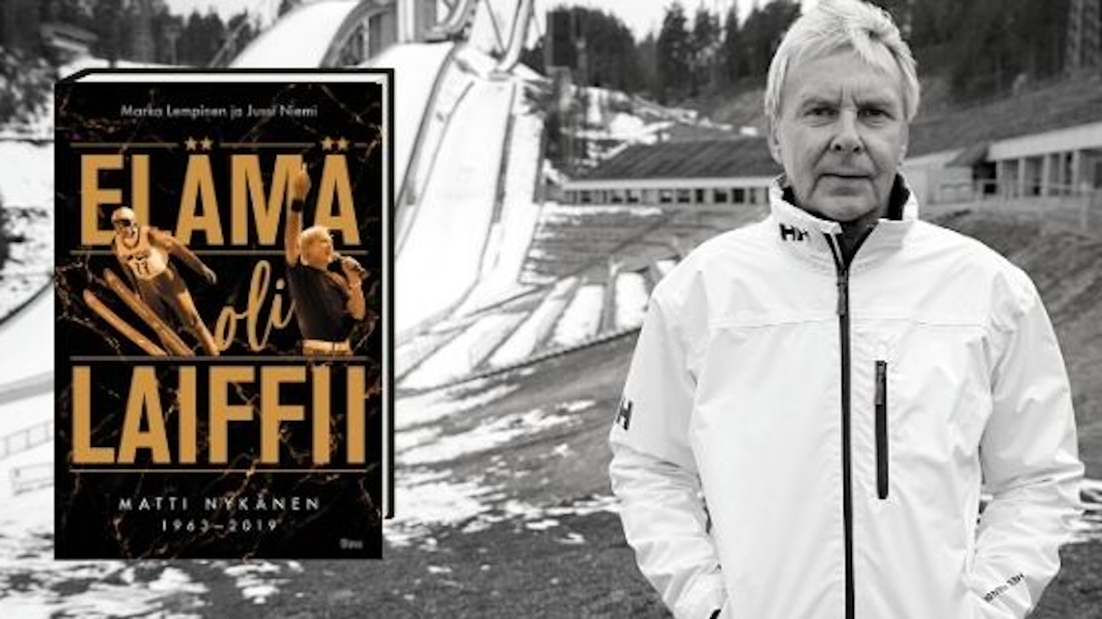 Kuvassa on vasemmalla kirjan kansi ja oikealla Matti Nykänen valkoisessa toppatakissa.