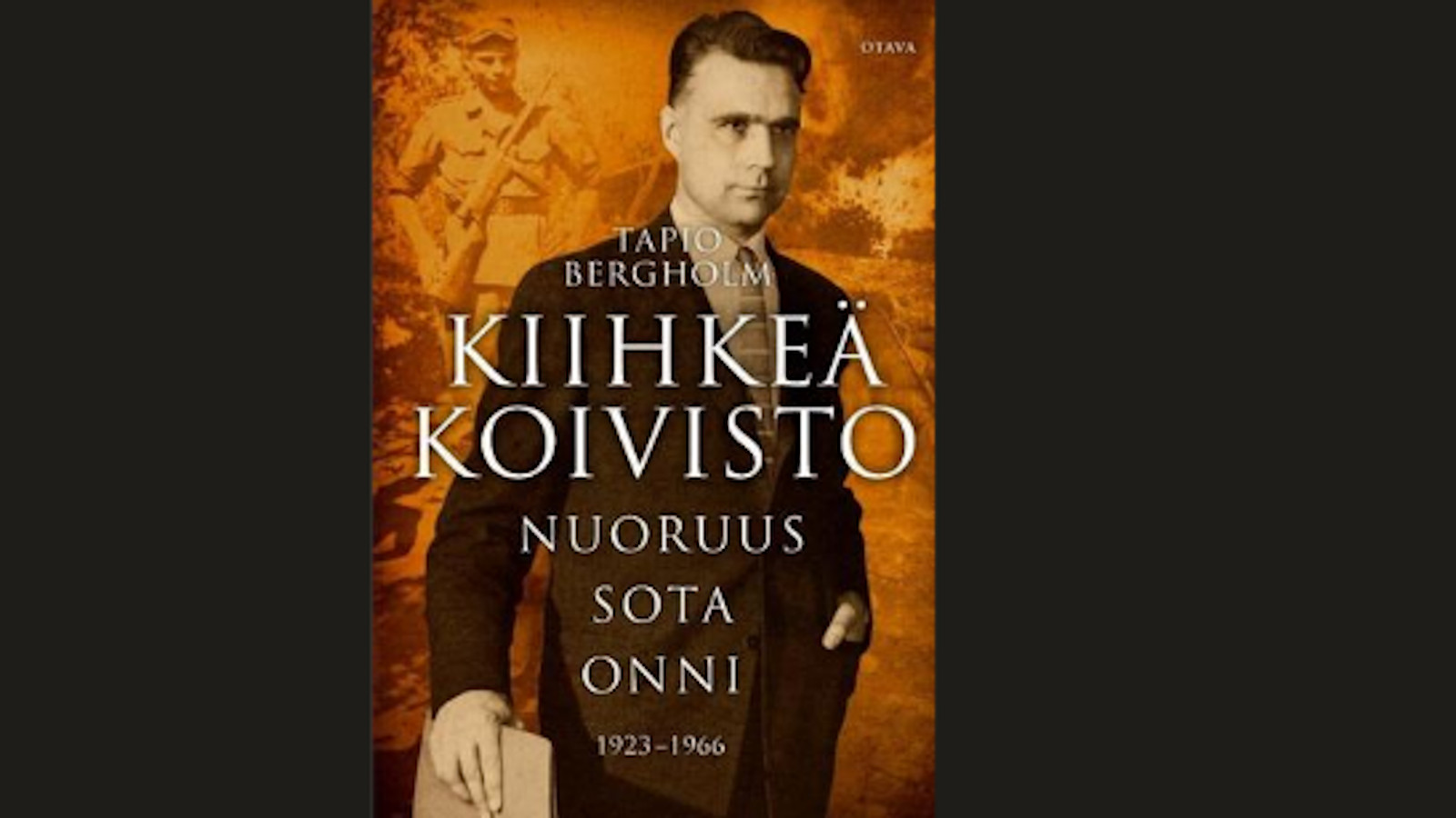 Kuvassa on kuva kirjan kannesta ja sen molemmin puolin tummat neliöt.  Kannessa on Mauno Koivisto seisomassa ja kirjan nimi Kiihkeä Koivisto.  Tausta on kirjavan ruskeaa.