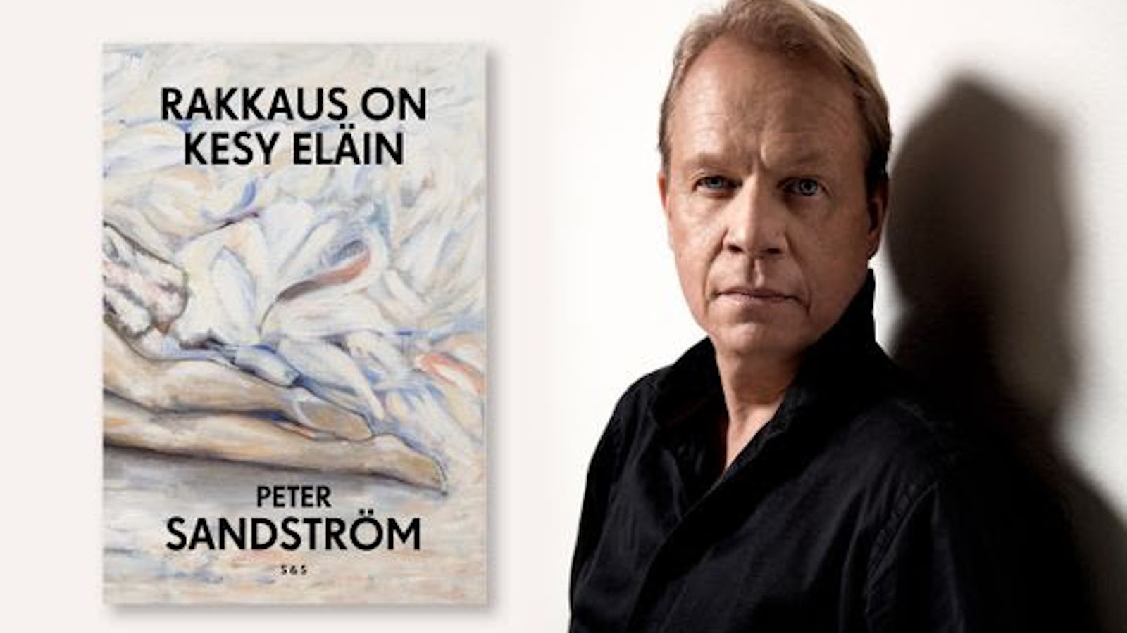 Kuvassa on vasemmalla kirjan Rakkaus on kesy eläin -kirjan kansi ja oikealla kirjailija Peter Sandströmin puolivartalokuva.
