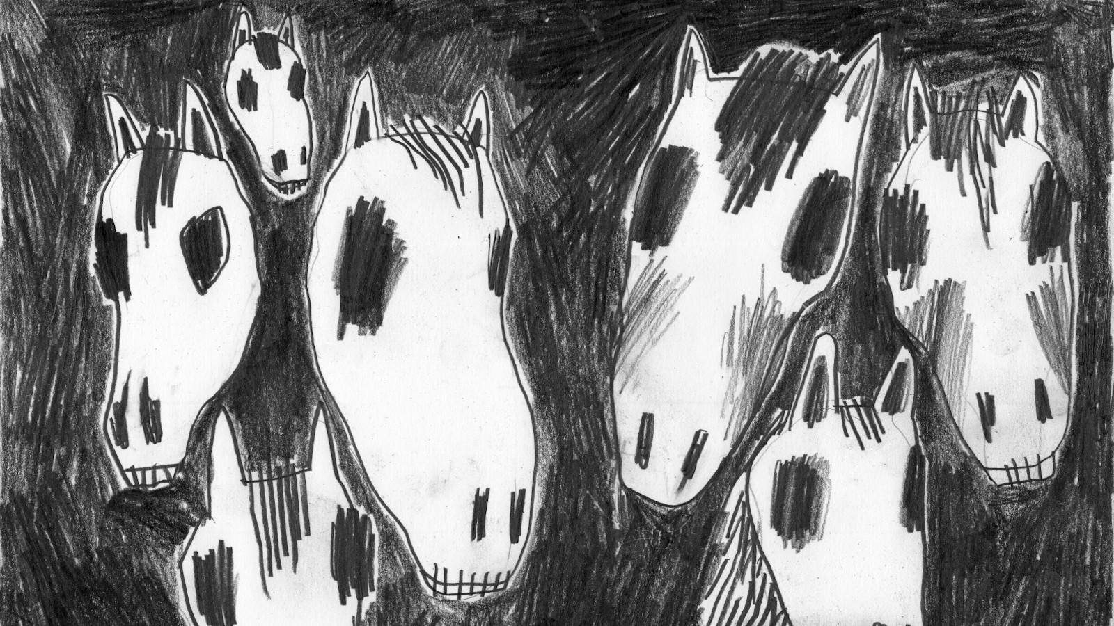 Kuvassa on Emmi Jormanaisen teos Eksyksissä, jossa on musta-valkoisia hevosenpäitä.