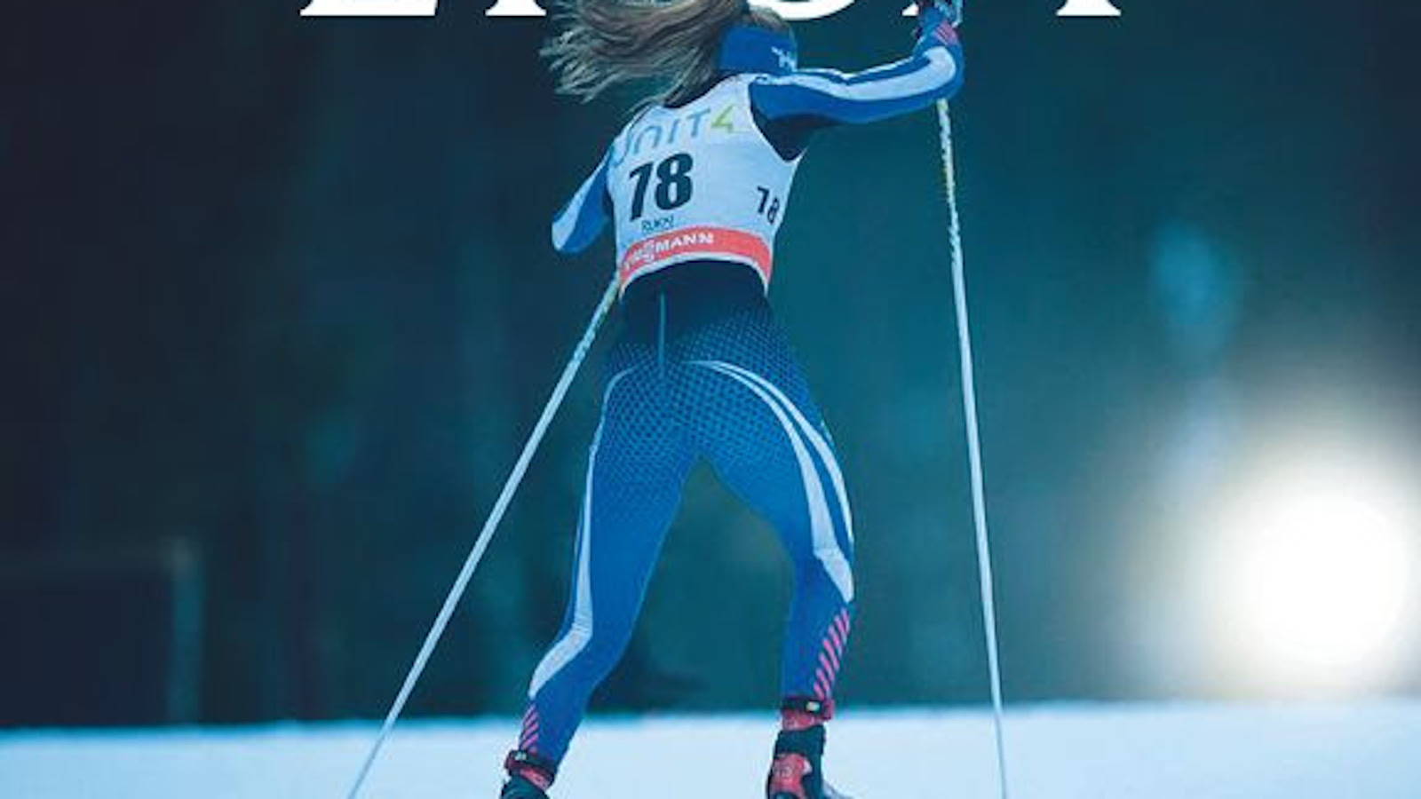 Kuvassa on osa kirjan kannesta, jossa Mona-Liisa Nousiainen on hiihtämässä ja kuva on takaapäin. 