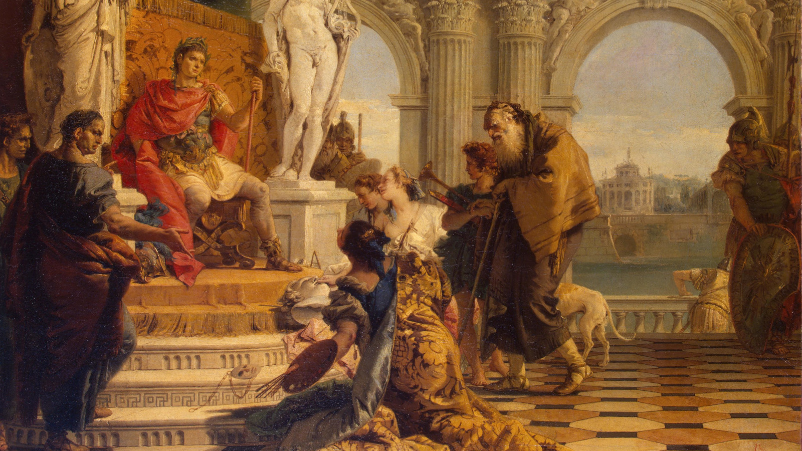 Kuvassa on kohtaus, jossa keisari Augustukselle esitellään vapaita taiteita.  Esittelijät ovat keisarin istuimen alapuolella.