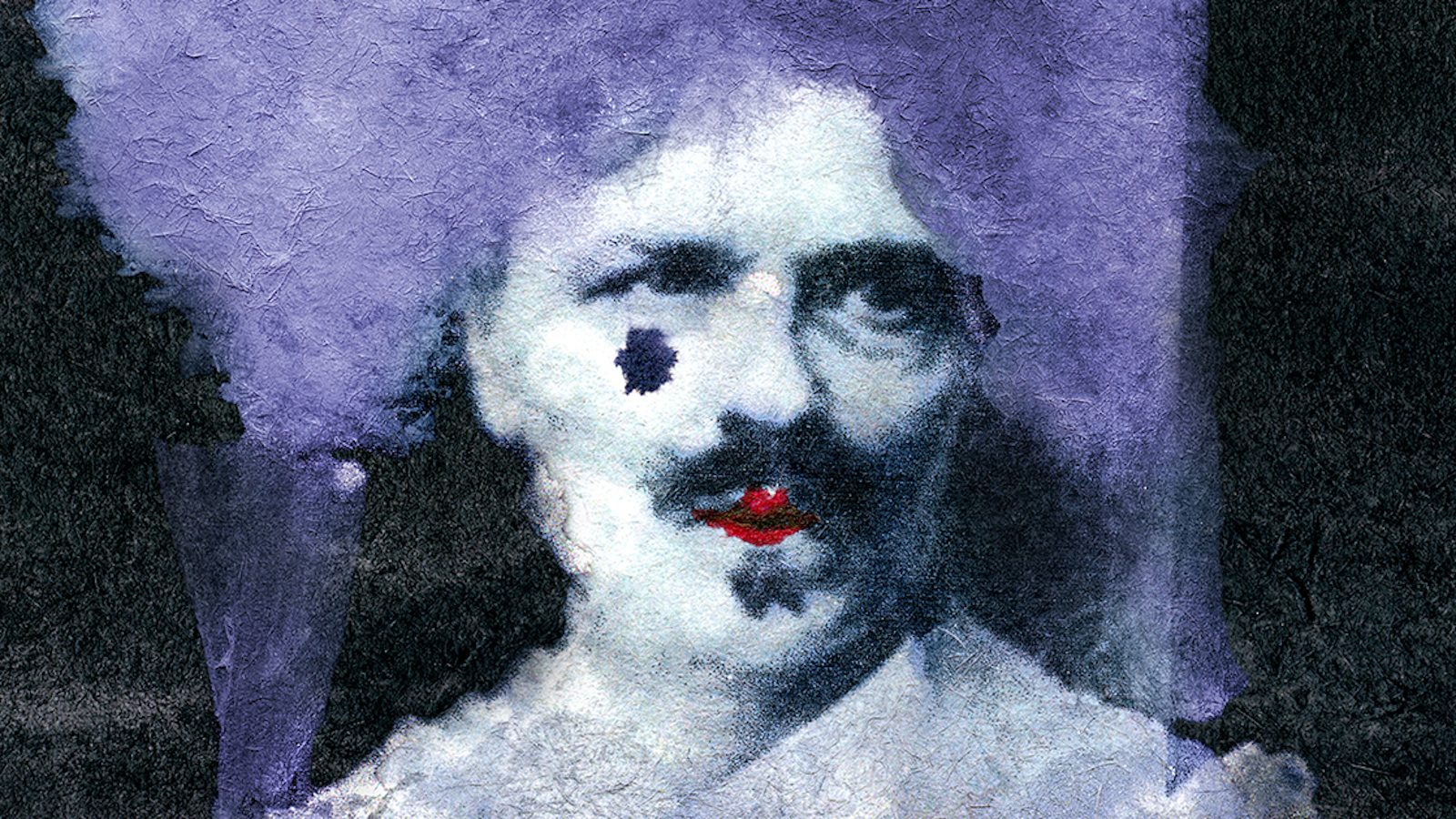 Kuvassa on Strindbergin kasvot harmaansinertävän hiuspehkon kanssa tummalla pohjalla. 