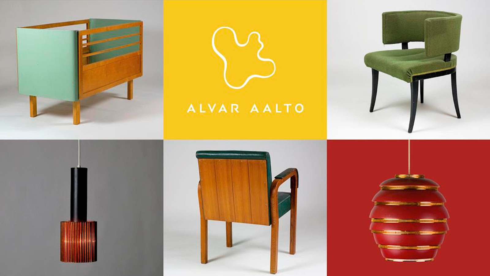Kuva on jaettu kuuteen osaan, joissa on Alvar Aallon suunnittelema nojatuoli, matala hylly, kaksi lamppua ja keskellä keltaisella pohjalla teksti Alvar Aalto ja Aallon maljakon muoto ohutviivapiirroksena.