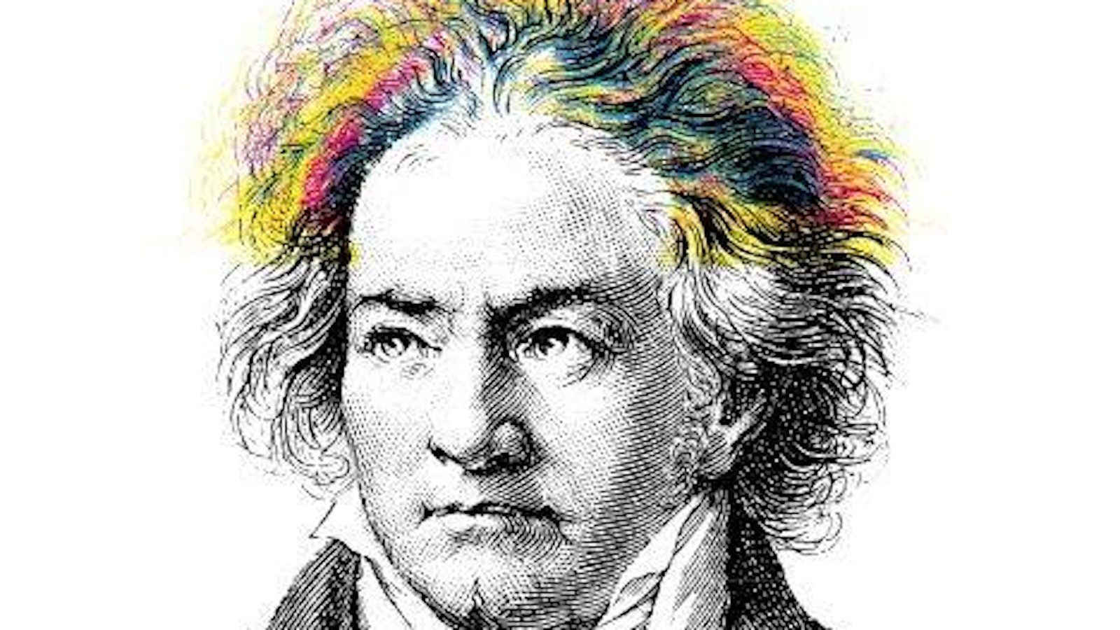 Kuvassa on piirroskuva Beethovenista, jonka hiuksissa on muutamia väriraitoja.