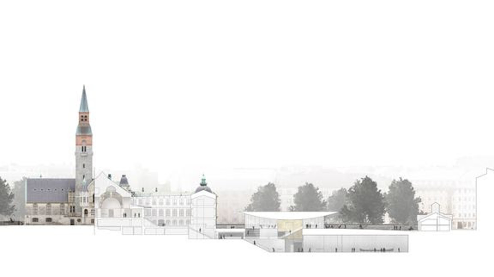 Kuvassa on musta-valkoinen havainnekuva kansallismuseon päärakennuksesta ja uudesta rakennuksesta.