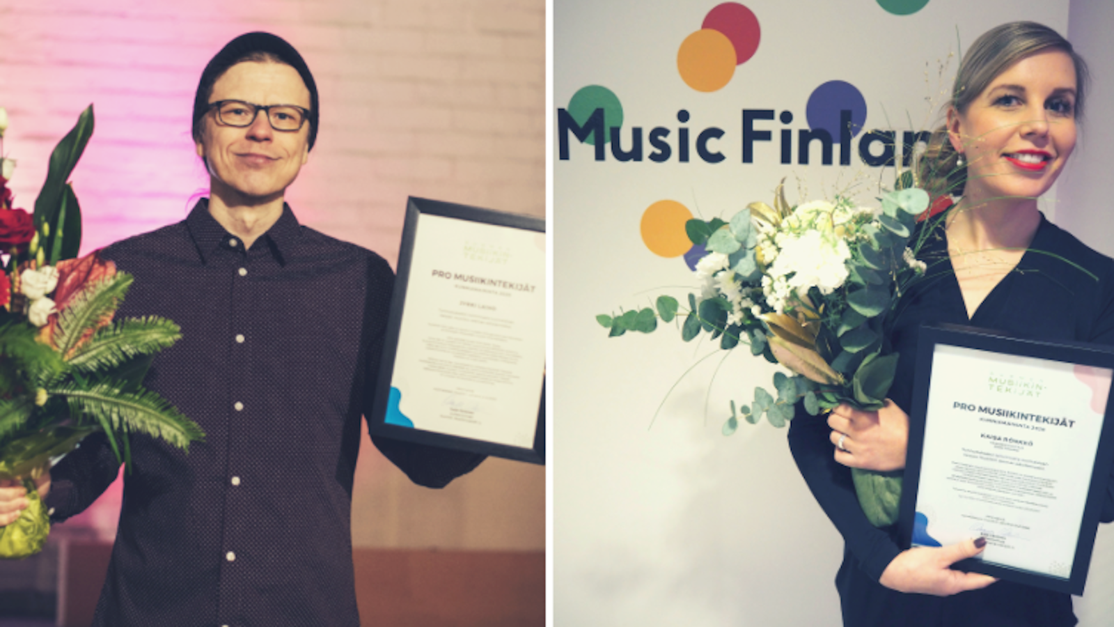 Kuvassa on oikealla Jyrki Laiho onnittelukukat ja kunniakirja käsissään ja oikealla Kaisa Rönkkö kukkineen ja kunniakirjoineen.