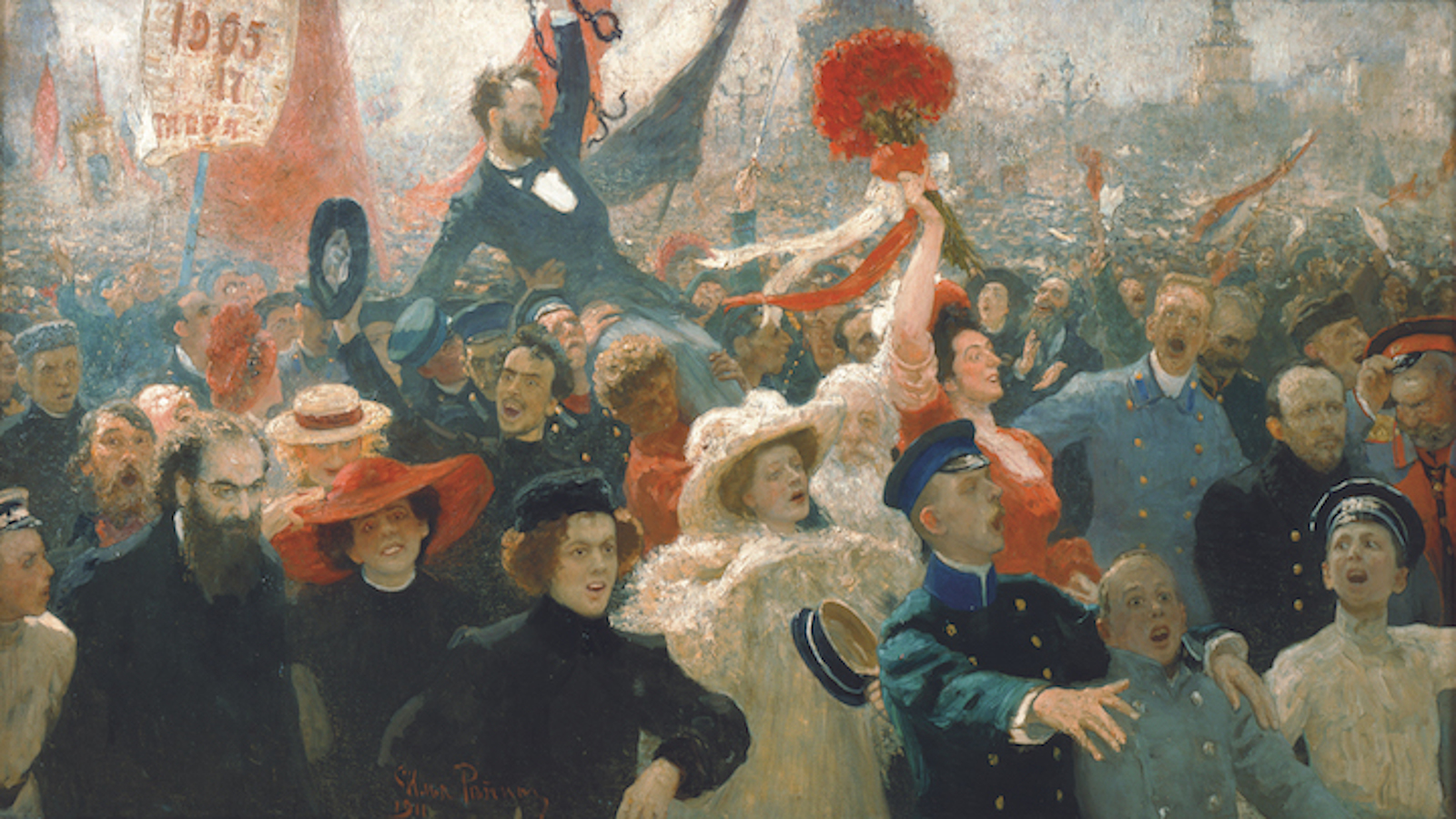 Ilja Repinin maalaus Mielenosoitus lokakuun 17. päivänä vuonna 1905, nähtävissä Ateneumin 2021 näyttelyssä.