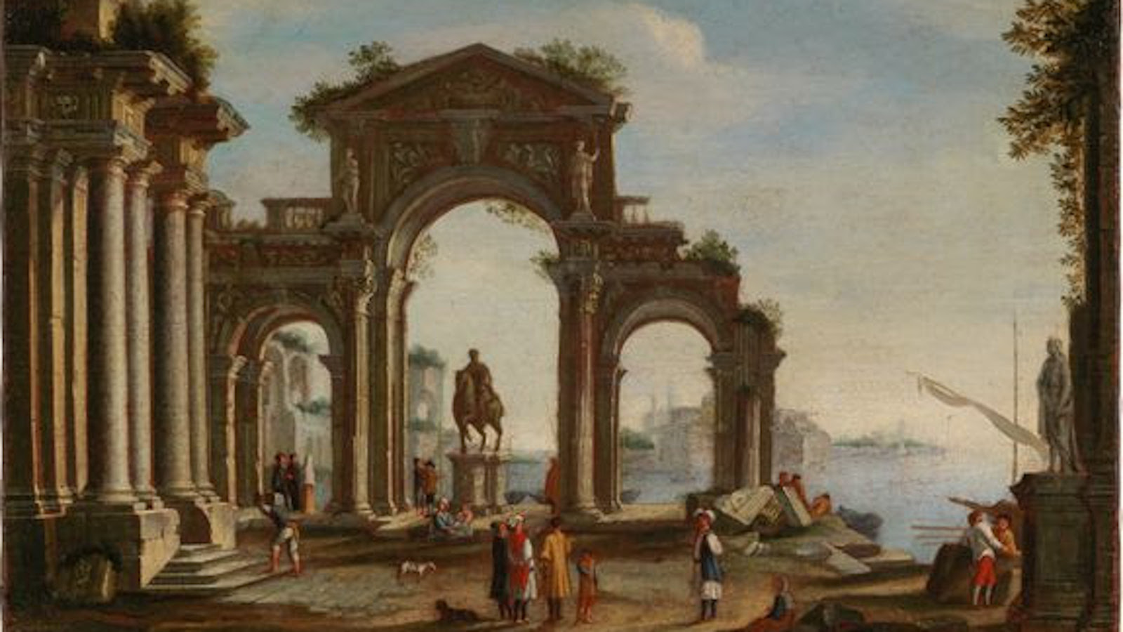 Kuvassa on kolmiosainen portti ja vasemmalla vieressä on pylväikkö sekä palmuja. Taustalla on poutapilviä ja kauempana kaupunkia.