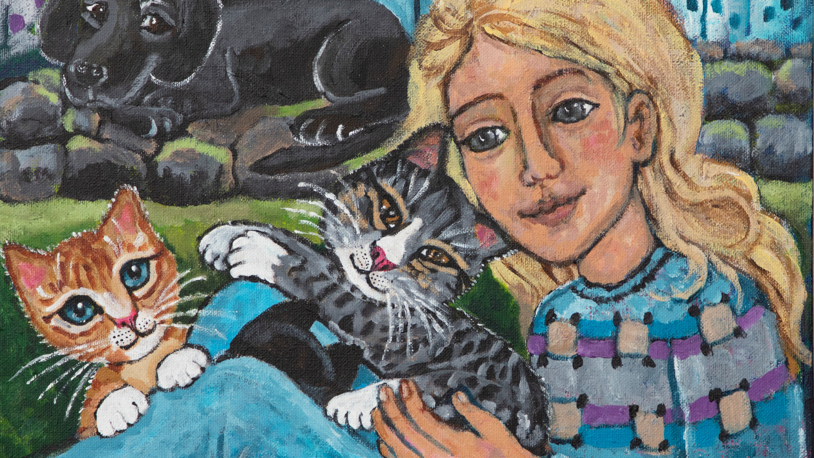 Kuvassa on naivistitaiteilijan teos, jossa on tyttö kahden kissan kanssa.