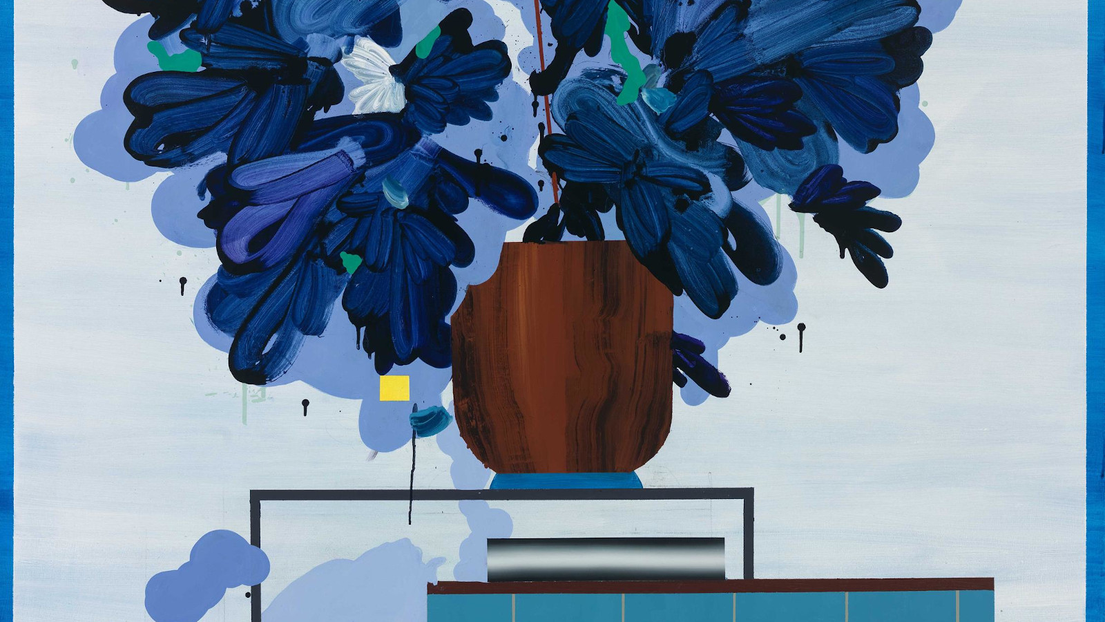 Kuvassa on Ilari Hautamäen teos, joss aon turkoosilla valkoisella ruudutetulla jalustalla sininen iso sininen kukka.