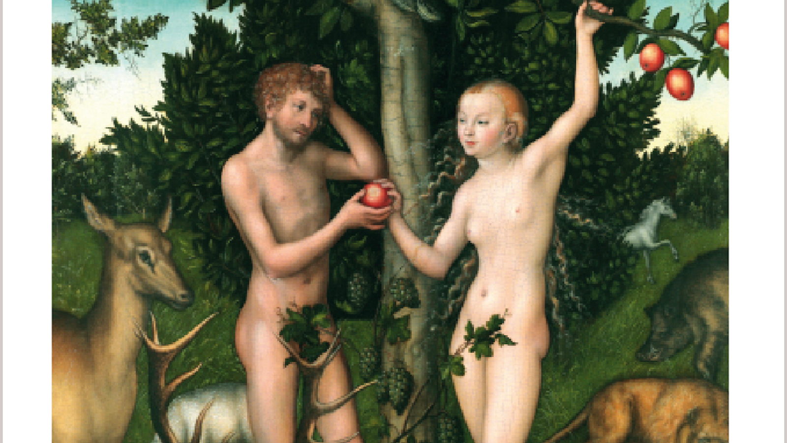 Kuvassa on osa krjan kannesta, jossa on klassinen taideteos alastomista naisesta ja miehestä puutarhassa sonnustautuneena lehvään.