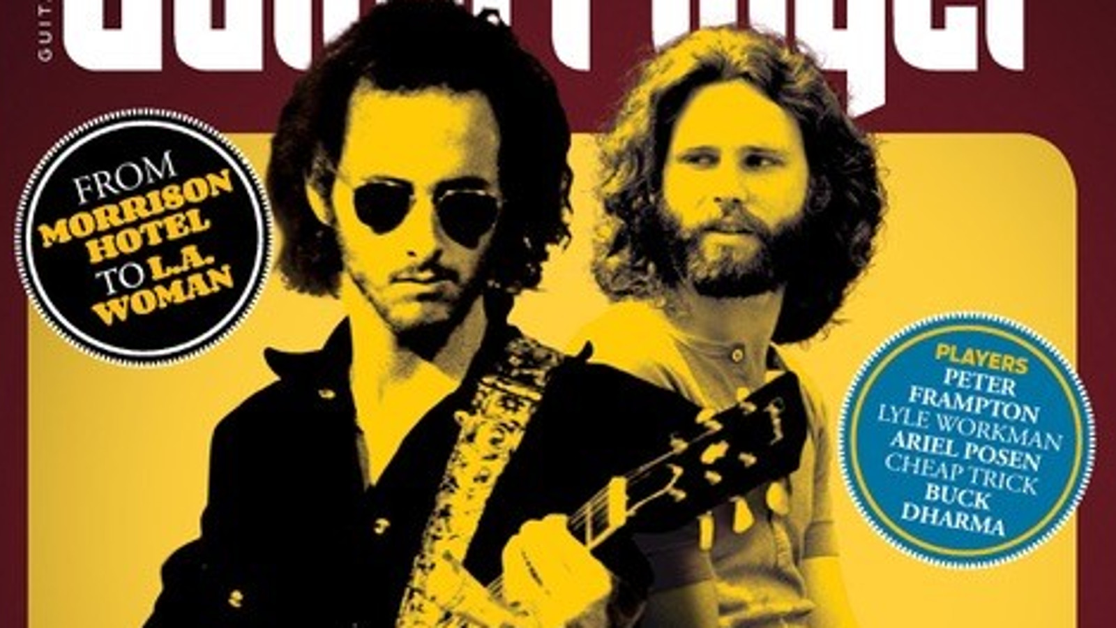 Kuvassa on kaksi kitaristia Guitar palyer -lehden kannessa. Kuvan värit ovat musta kellertävä.  