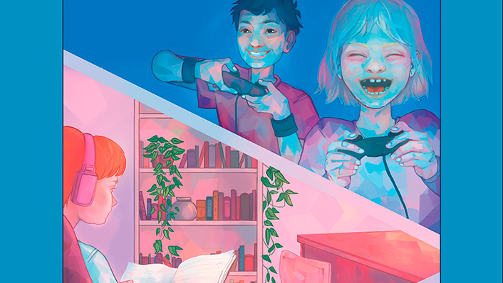Kuvassa on osa tutkimuksen kannesta, jossa on piirroskuvassa vinosti jaettu tila.  Ylemmässä kuvassa on tyttö ja poika pelaamassa pelikonsoleilla ja alemmassa tyttö istumassa lukien kirjaa.  Kuvan värit ovat vaalean sininen ja vaalean punainen pääasiassa.