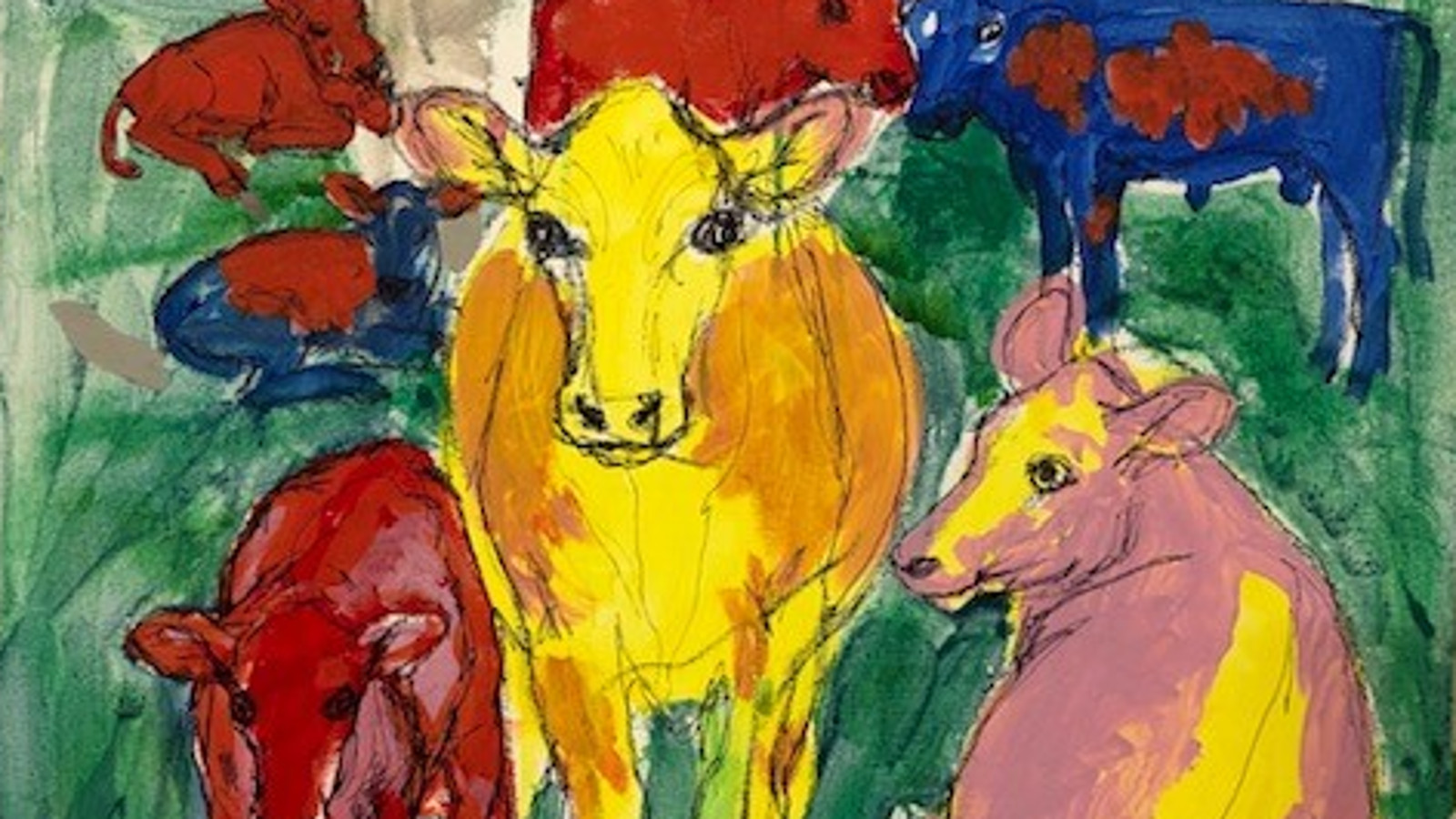 Kuvassa on Miina Äkkijyrkän teos, jossa on keskellä keltainen lehmä ja ympärillä on punaisia ja ruskeita vasikoita.