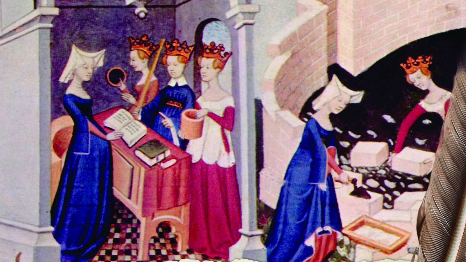 Kuvassa on osa kirjan kannesta ja naisia renessanssiajan vaatetuksessa italialaisessa kaupungissa.