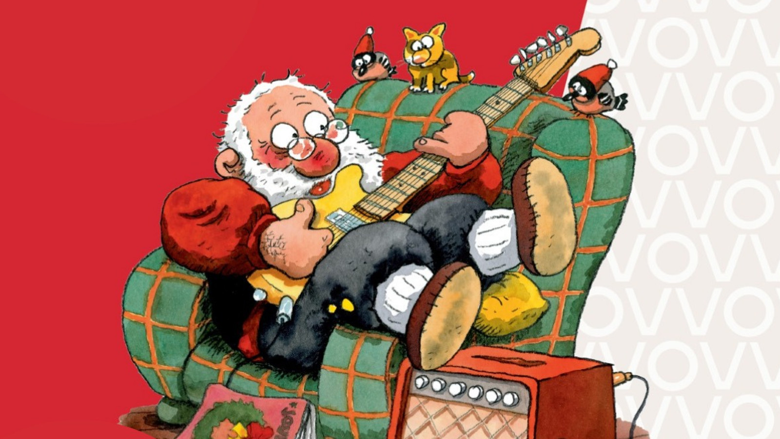 Joulupukki istuu vinosti vihreäruudullisessa nojatuolissa ja soittaa kitaraa.  Tausta on punainen.