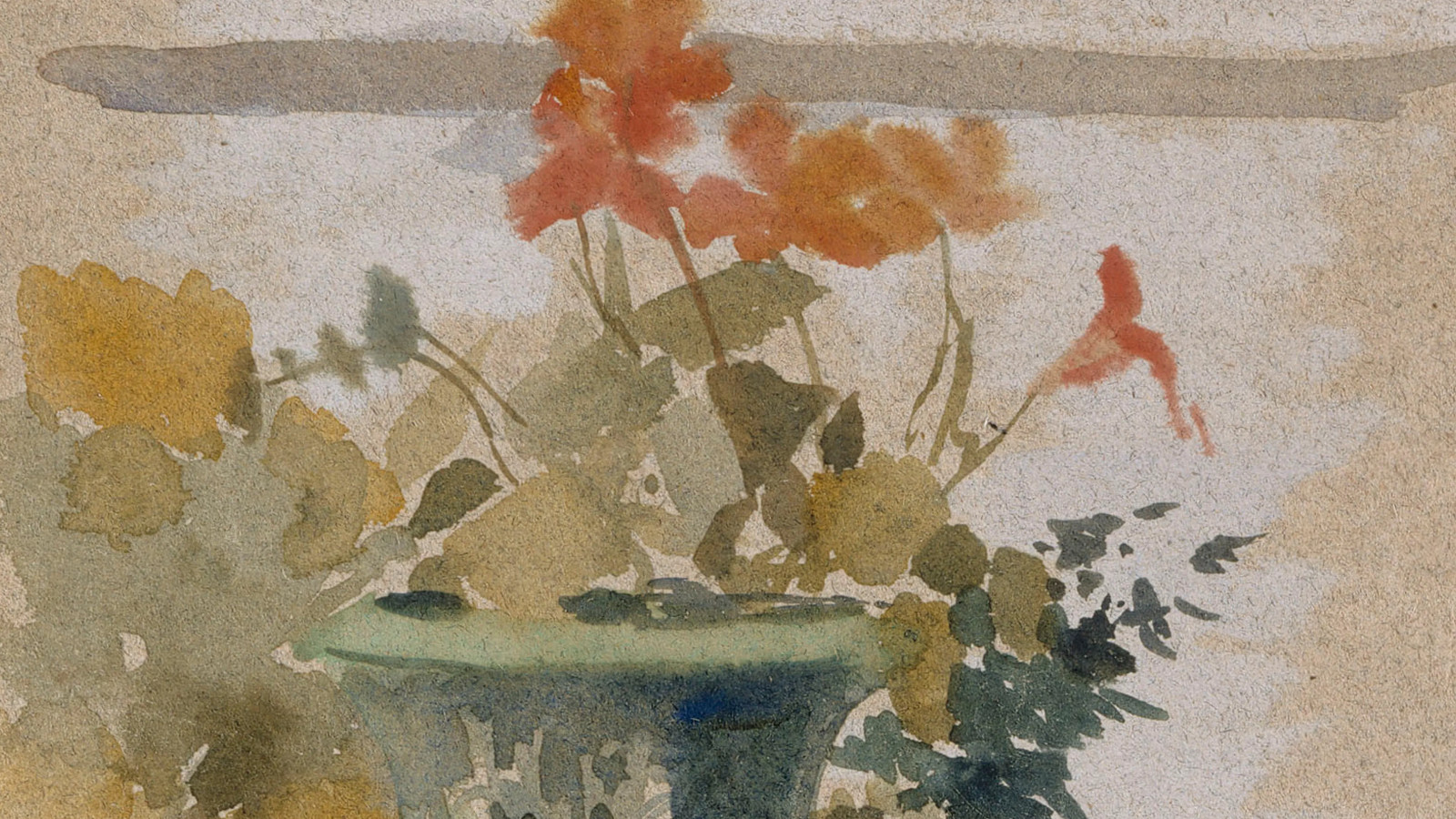 Osa Albert Edelfeltin maalauksesta Pelargonioita terassilla.