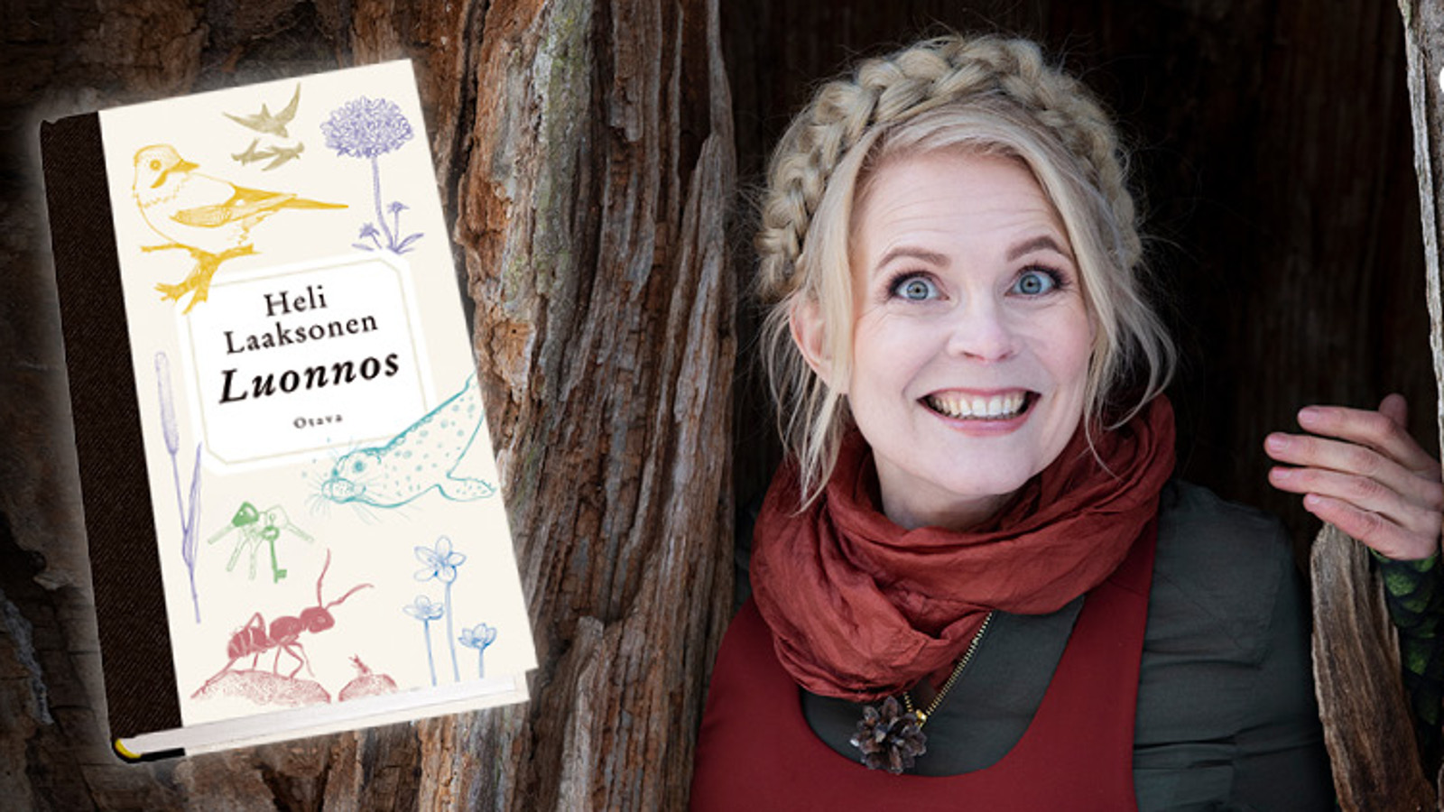 Kuvassa on Heli Laaksonen kelottuneiden puiden välissä puolivartalokuvassa.  Vasemmalla on kansikuva kirjasta.