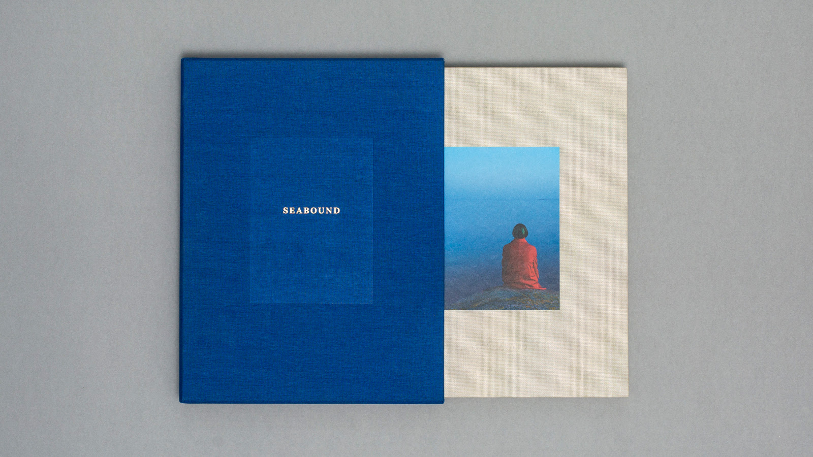 Kuvassa on kuva kannesta, jossa on sinisellä pohjalla kirjan nimi Seabound.  Vieressä on vaalealla pohjalla kirjan kannessa on ulapalle katsova, kalliolla istuva nainen.
