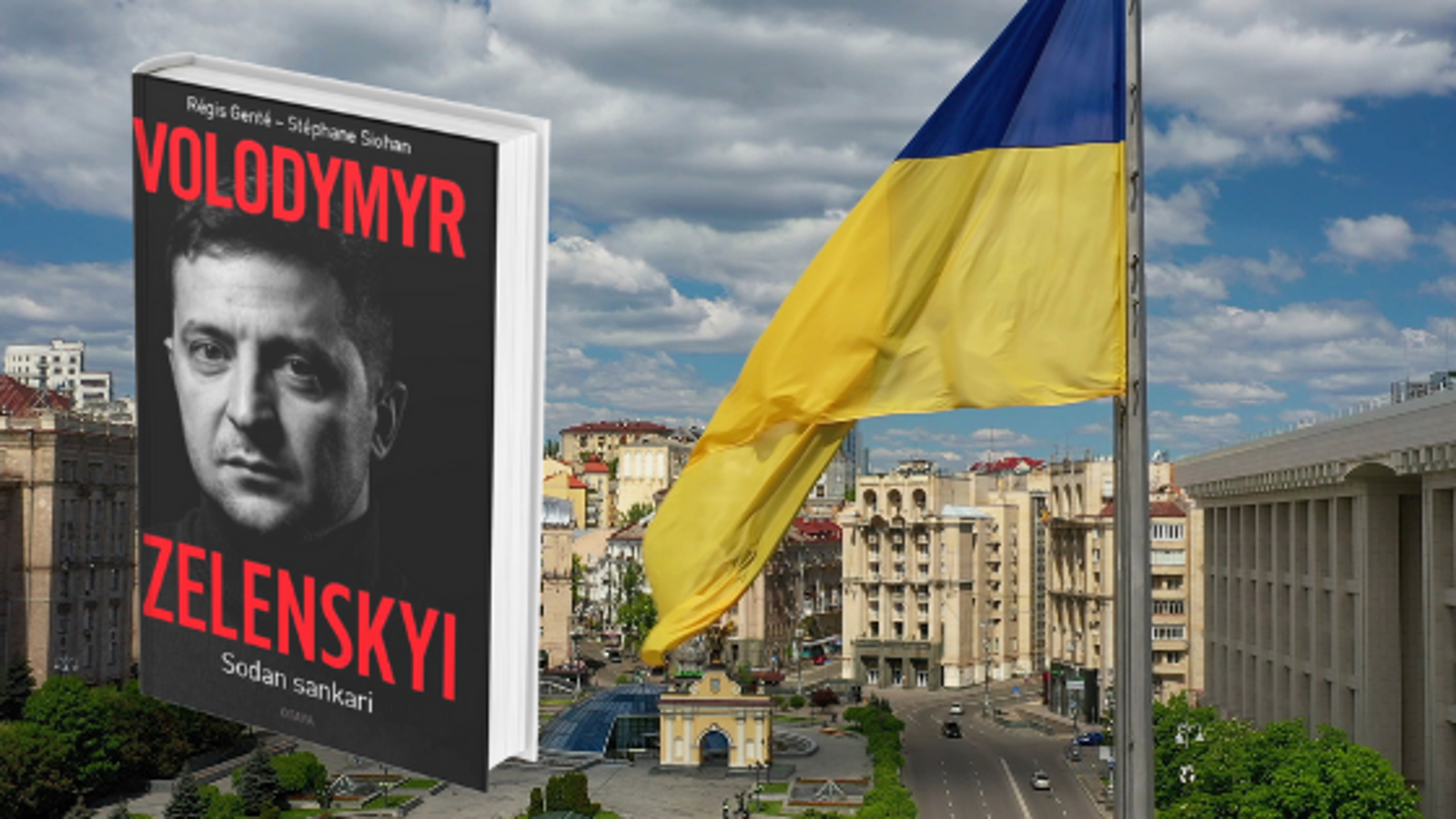 Kuvassa on Zelenskysta kertovan kirjan kansi, jossa on hänen kasvokuvansa kannessa. Oikealla on Ukrainan lippu ja taustalla kaupunkimaisemaa.