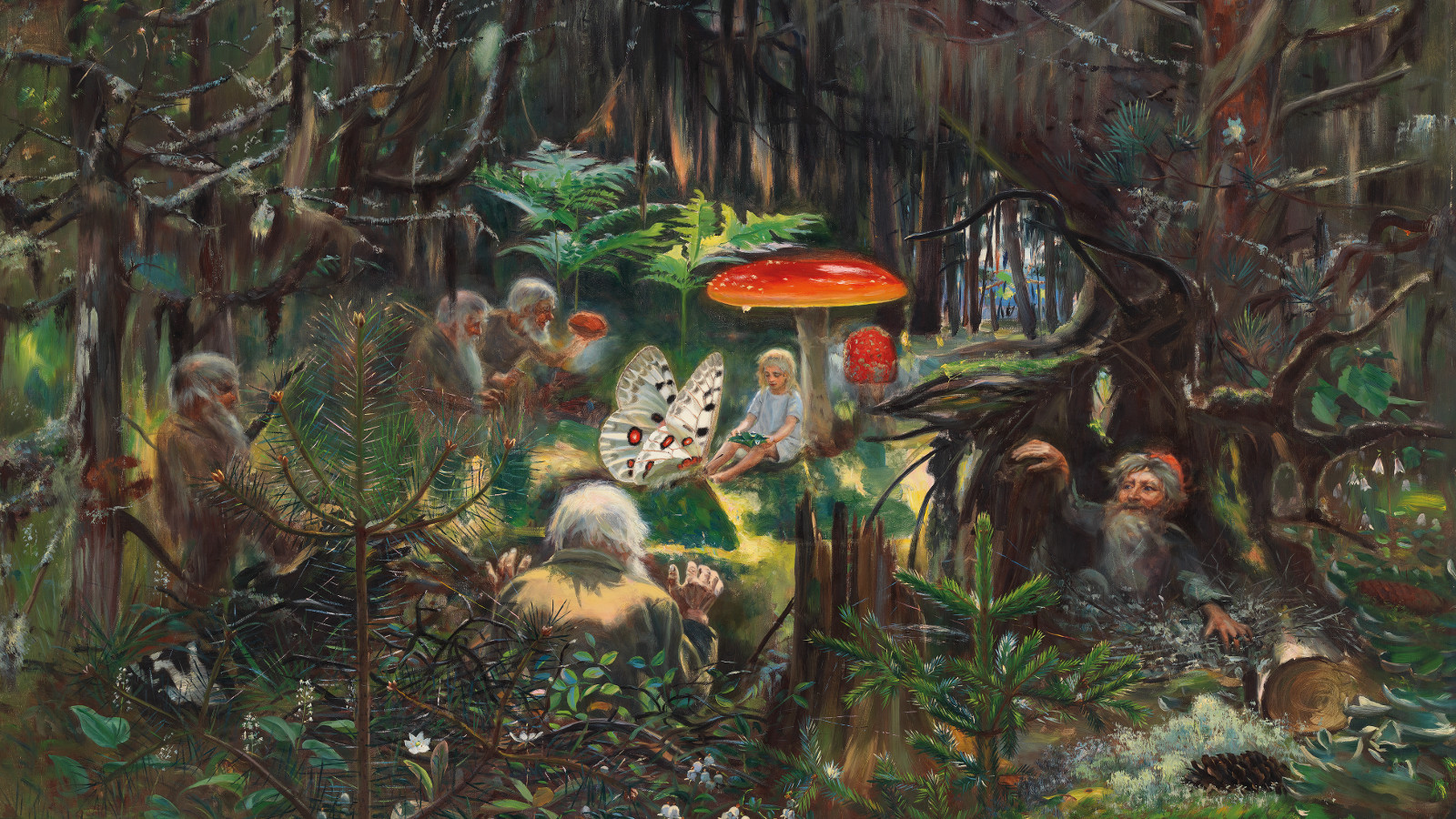Kuvassa on metsää, jossa on kärpässienen alla prinsessa vaaleassa puvussa ja vieressä iso pinkki perhonen. Lähellä pensaissa on haltijoita.