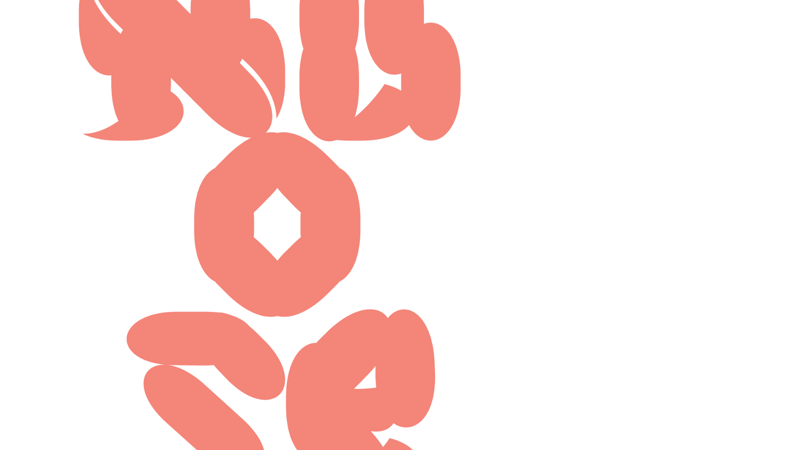 Kuvassa on vaalealla pohjalla leveällä pensselillä tehdyt roosan punaisella kirjoitetut kirjaimet nu ja o ja re kolmella rivillä. Osa logosta.