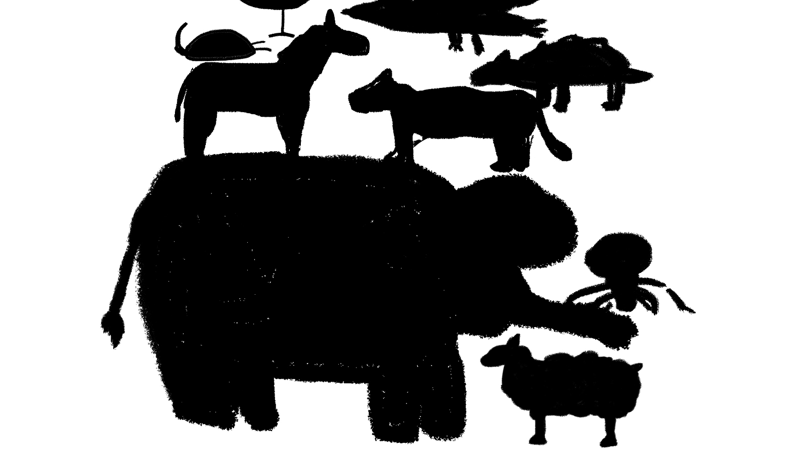 Kuvassa on osa julisteesta, jossavalkoisella pohjalla mustia afrikkalaisia elämiä. Isoimpana on norsu ja yläpuolella on pieempiä eläimiä sivukuvassa. 