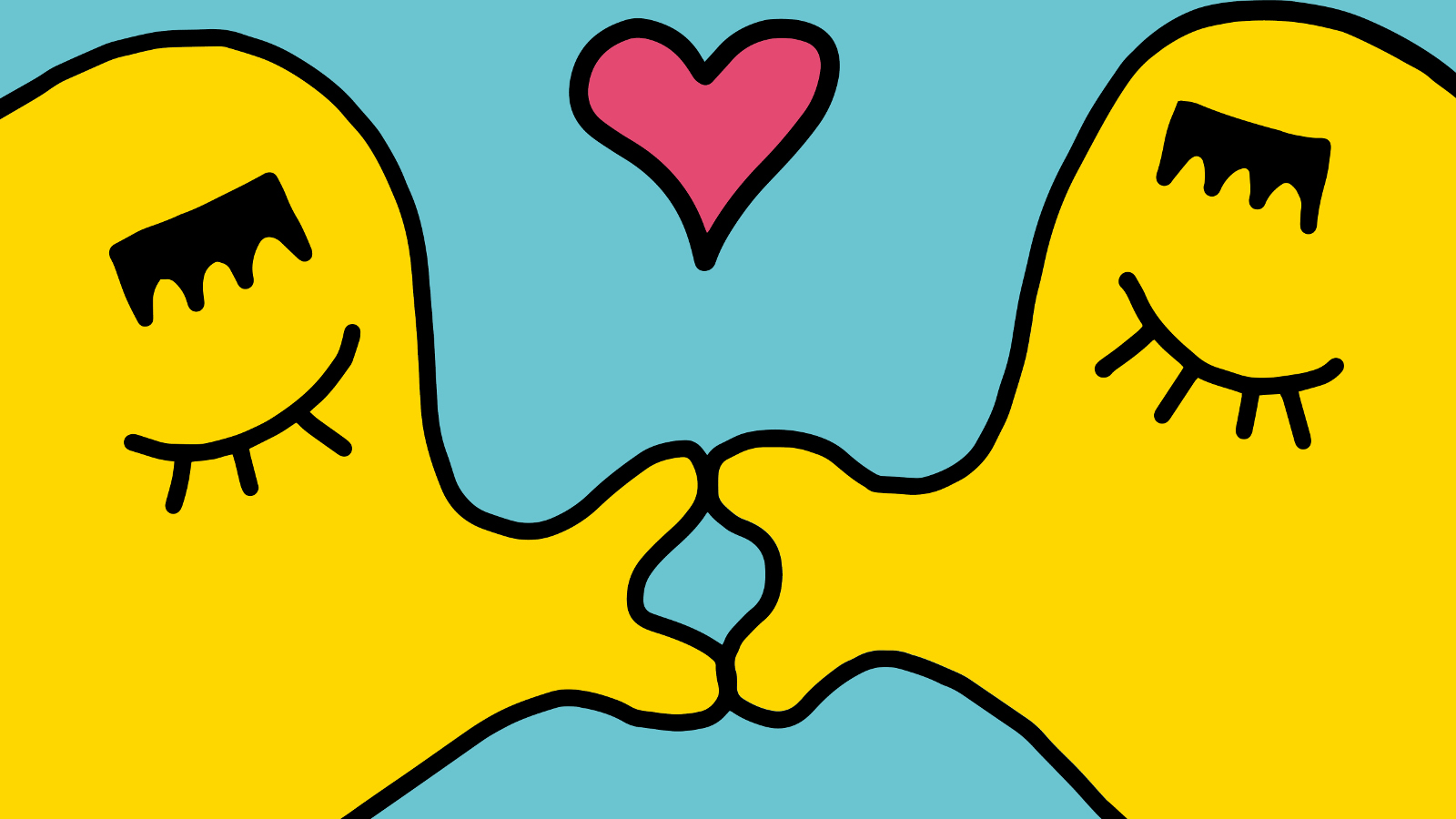 Kuvassa on keltaiset mustekalan muotoiset piirroskuvat, jotka pussaavat ja huulien välissä on punainen sydän.