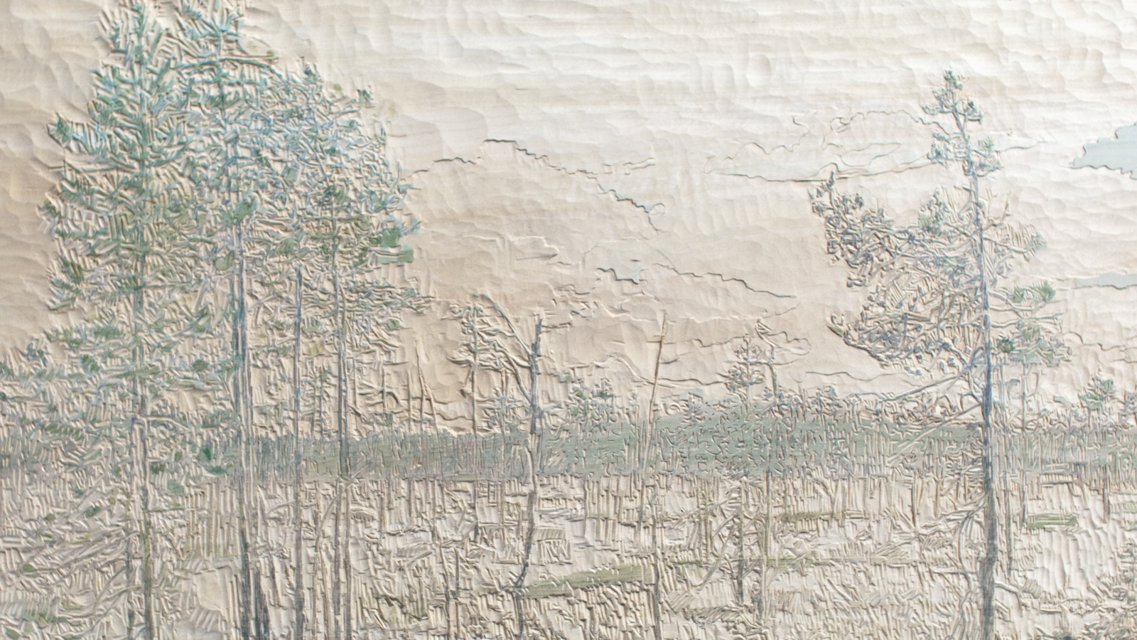 Kuvassa on vaalea hillitysti puita kuvaava suomaisema ja siinä näkyy reliefin kohoumia.
