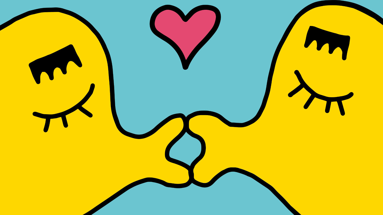 Kuvassa on turkoosilla pohjalla kaksi keltaista pulleaa hahmoa, jotka pussaavat.  Keskellä on punainen sydän.